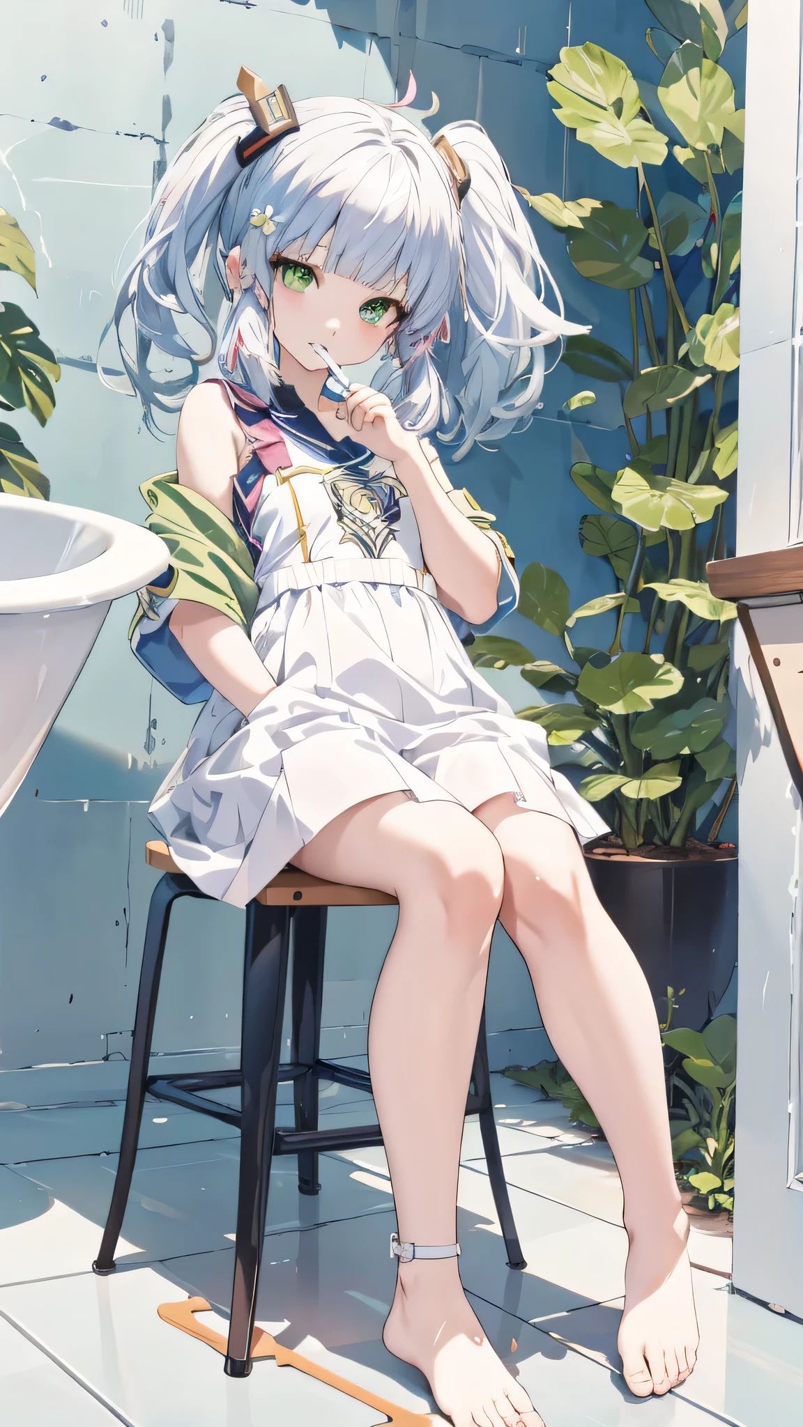Anime girl sitting on stool brushing teeth in bathroom,long hair,purple hair ,(((green eyes:1.3))),Complex eyes,beautiful and delicate eyes,normal hand,Symmetrical eyes guweiz style artwork, guweiz, Beautiful anime girl squatting, plump breasts,Thunder General,guweiz on pixiv artstation, cute anime girl, round face,Change, guweiz on artstation pixiv, by Shitao, Fleet collection style, 小曲线Change, masterpiece:1.8,high resolution, sharp focus, (super detailed, Very detailed), (realistic artwork:1.37),(Very detailed CG unity 8k wallpaper),((Synthwave background theme)),(((bright colors))),(intricate background),(masterpiece),(best quality),