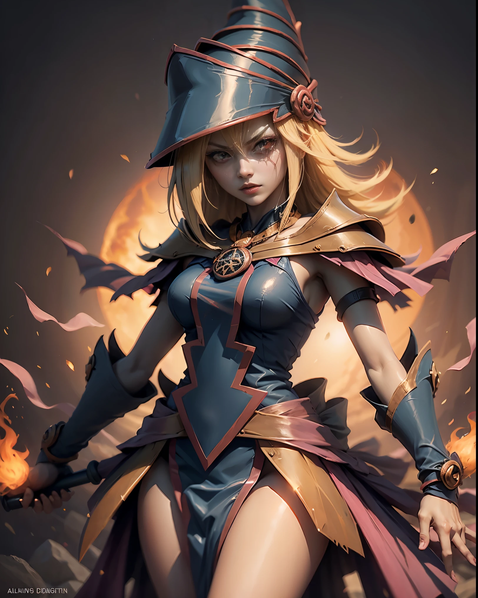 Dark magician girl as a scary legendary demon in the burning hell realm with an army of demons