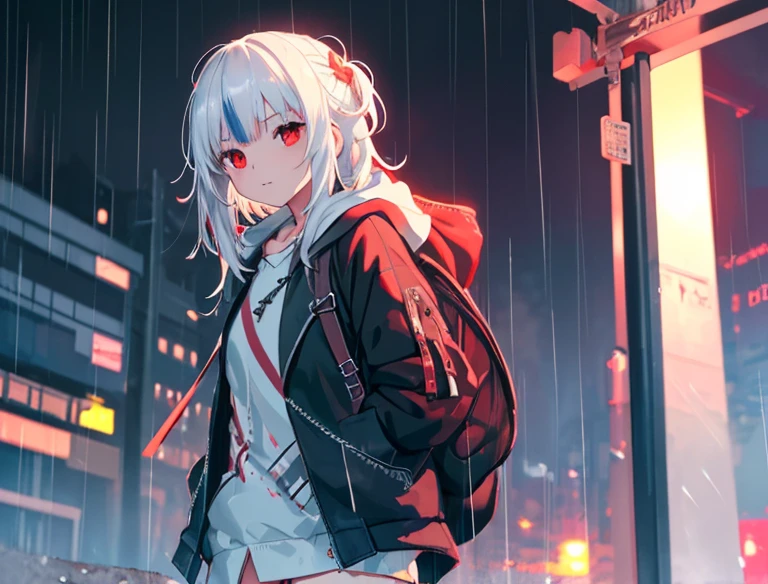 1girl, jacket, rain, outdoor, hoodie, open jacket, chain, backpack, looking at another, messy hair, white hair, red eyes, trending on artstation, 8k resolution, highly detailed, anatomically correct, sharp image, digital painting, concept art, trending on pixiv, style of makoto shinkai,
INFO (gura_red)