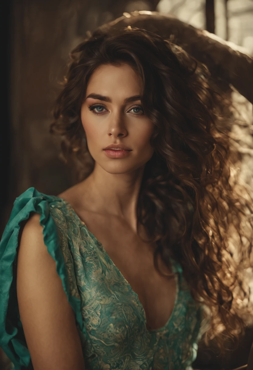 A 24-year-old young woman, with long dark brown, wavy hair that cascades down her shoulders, she has perfect skin, an angelic face that radiates innocence, full lips that curve into a charming smile, a perfectly defined nose and a fair complexion. She is captivatingly dressed in a beautiful green dress that complements her turquoise eyes, highlighting their vibrant color. This portrait incorporates intricate, highly detailed details with a sharp focus on each element to bring out the true essence of your beauty. The high-resolution, masterpiece-quality image shows a perfect fit of the jeans and top on her figure, and the texture of her skin is similar to that of her skin.