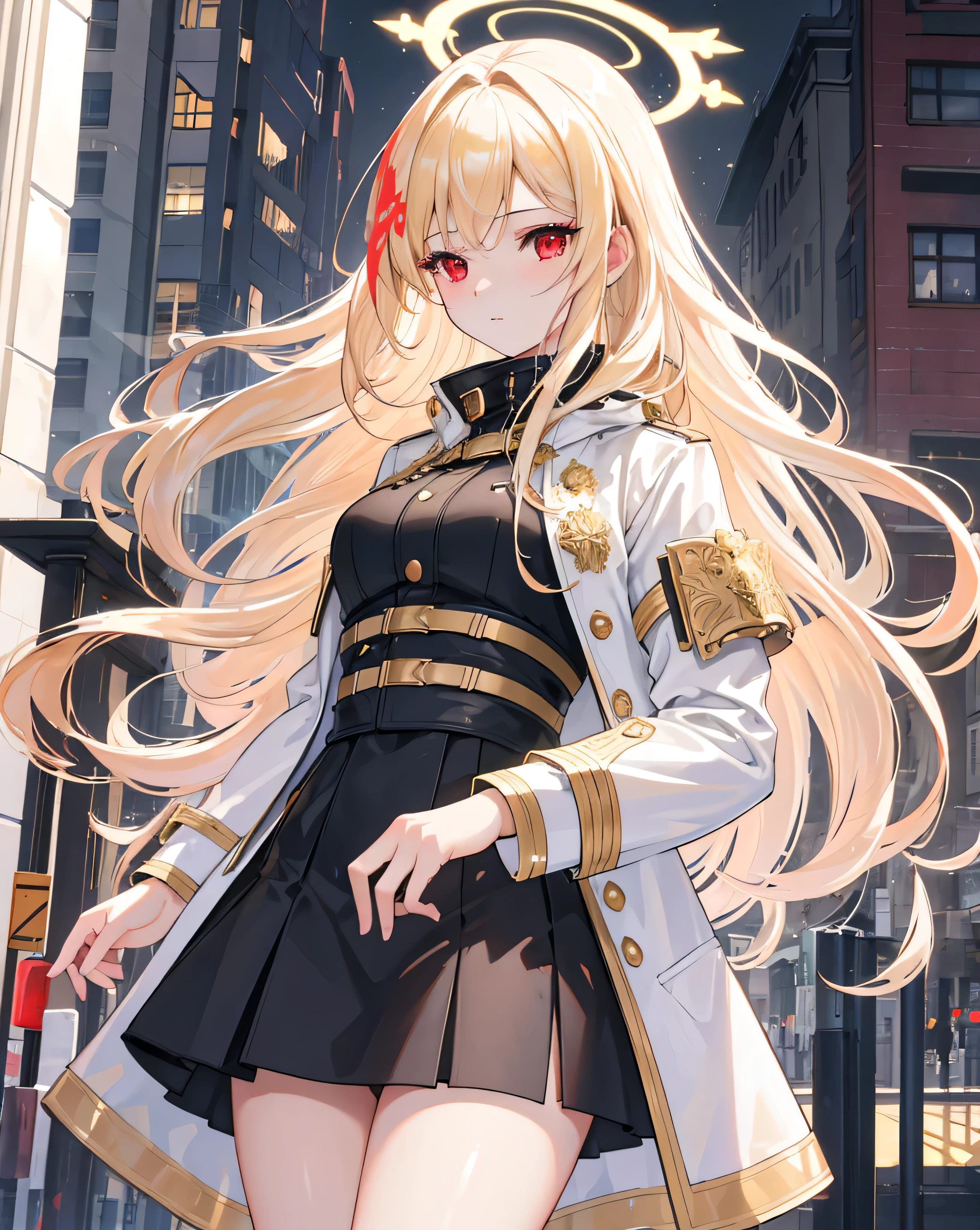 (obra maestra, Mejor calidad, CG extremadamente detallado, hermosos ojos detallados, ultra detallado, detalles intrincados:1.2), Fondo de pantalla 8K, elaborate features,
(1 chica, Solo:1.4), pelo largo, (cabello dorado:1.5), poros visibles, (gabardina blanca larga:1.3), falda negra, (Angel wings on the back:1.2), (ojos rojos:1.3), (Halo blanco en la cabeza:1.4), (en las calles de una ciudad moderna:1.4), RTX, technologically advanced city, luz lateral, DLSS, High Definition, vivid colors, colores saturados, floating paticles, Escenario realista, altura detalle piel, cara 3d, Piel dulce, cabello libre, Muslos, aplaude, day