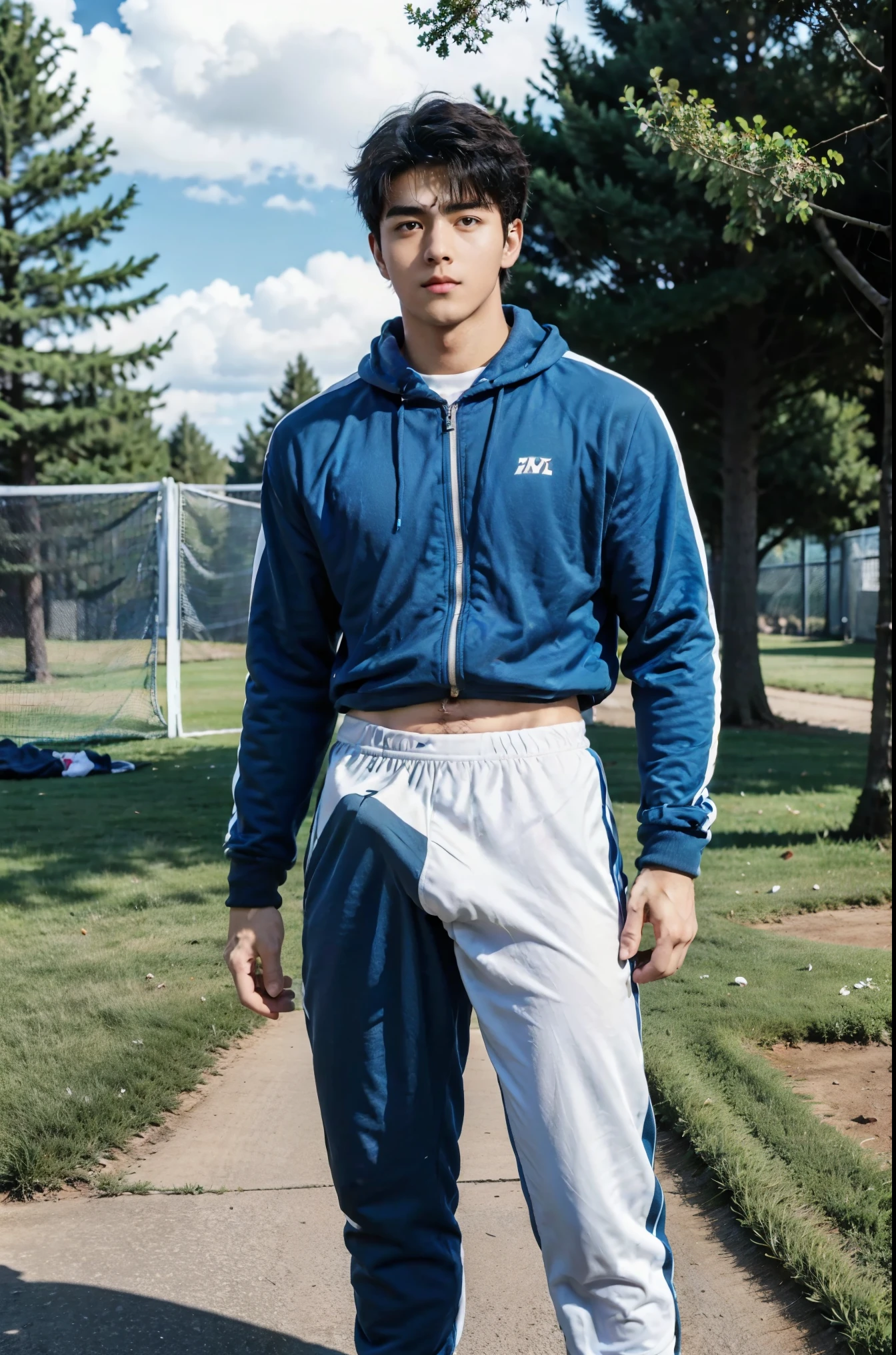 1 male high school student，18-20 years old，Comely，Handsome，Park trees，Play tennis，husky，hairy bodies，athletic sneakers，White  socks，Blue tracksuit（Detailed eyes：1.3），Black eyes，facial hair, shirtless, naked, detailed crotch, standing