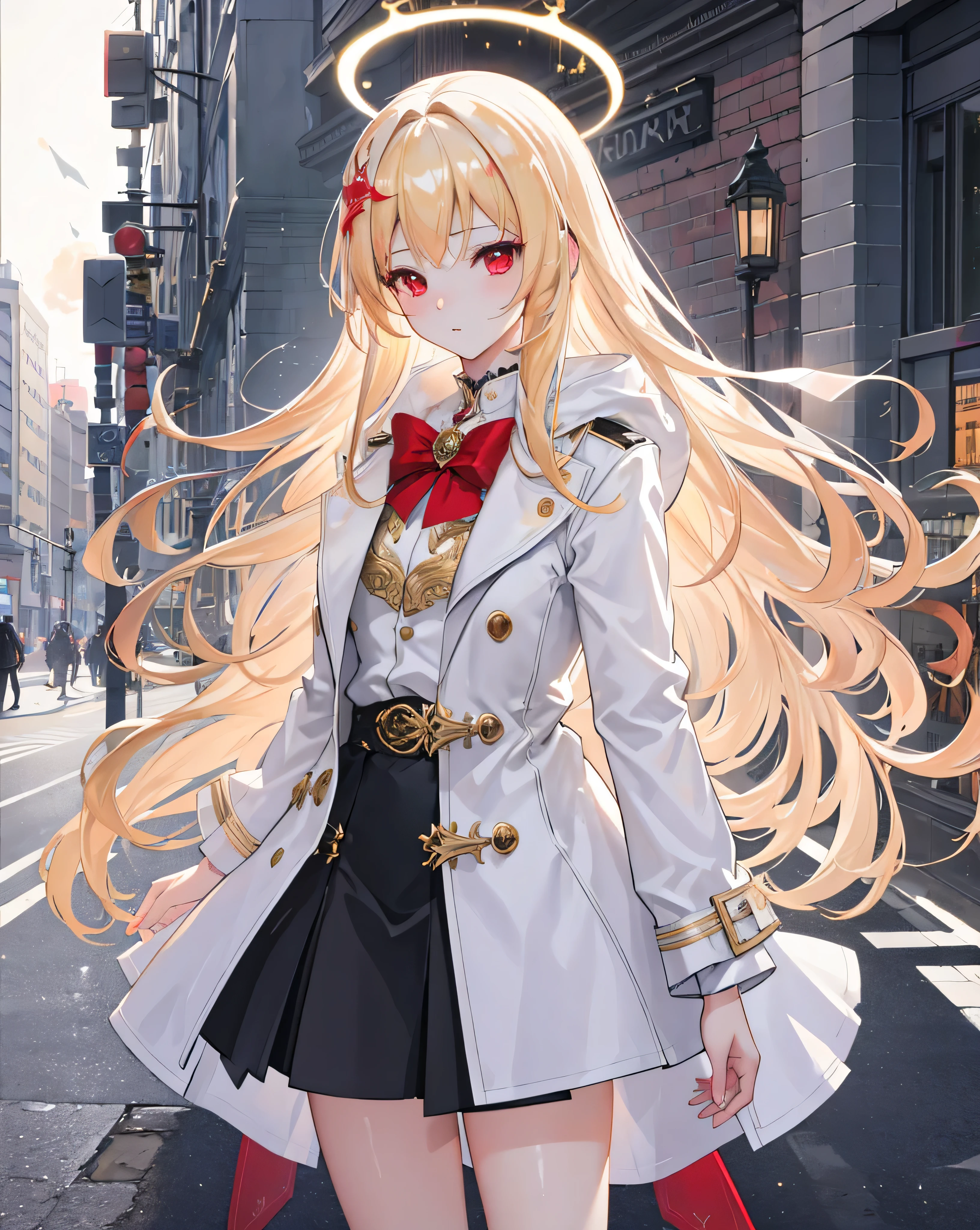 (obra maestra, Mejor calidad, CG extremadamente detallado, hermosos ojos detallados, ultra detallado, detalles intrincados:1.2), Fondo de pantalla 8K, elaborate features,
(1 chica, Solo:1.4), pelo largo, (cabello dorado:1.5), poros visibles, (gabardina blanca larga:1.3), falda negra, (Angel wings on the back:1.2), (ojos rojos:1.3), (Halo blanco en la cabeza:1.4), (en las calles de una ciudad moderna:1.4), RTX, technologically advanced city, luz lateral, DLSS, High Definition, vivid colors, colores saturados, floating paticles, Escenario realista, altura detalle piel, cara 3d, Piel dulce, cabello libre, Muslos, aplaude, day