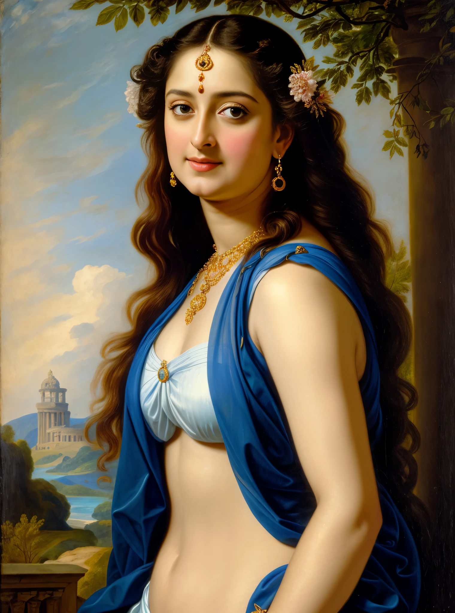 Looks like Anushka Shetty, Masterpiece, Best quality, high clarity eyes, beautifully styled hair, critically flawless,sharp picture, Full portrait, High pixels, perfect face, perfect eyes, beautiful face, perfect hands,perfect fingers, in Peter Paul Rubens style, by Peter Paul Rubens, baroque style, acrylic on canvas, highly detailed, description: "Create a nymph inspired by the tales of Greek or Roman mythology, embodying the essence of a natural element or location, and possessing a unique ability or trait that sets her apart."