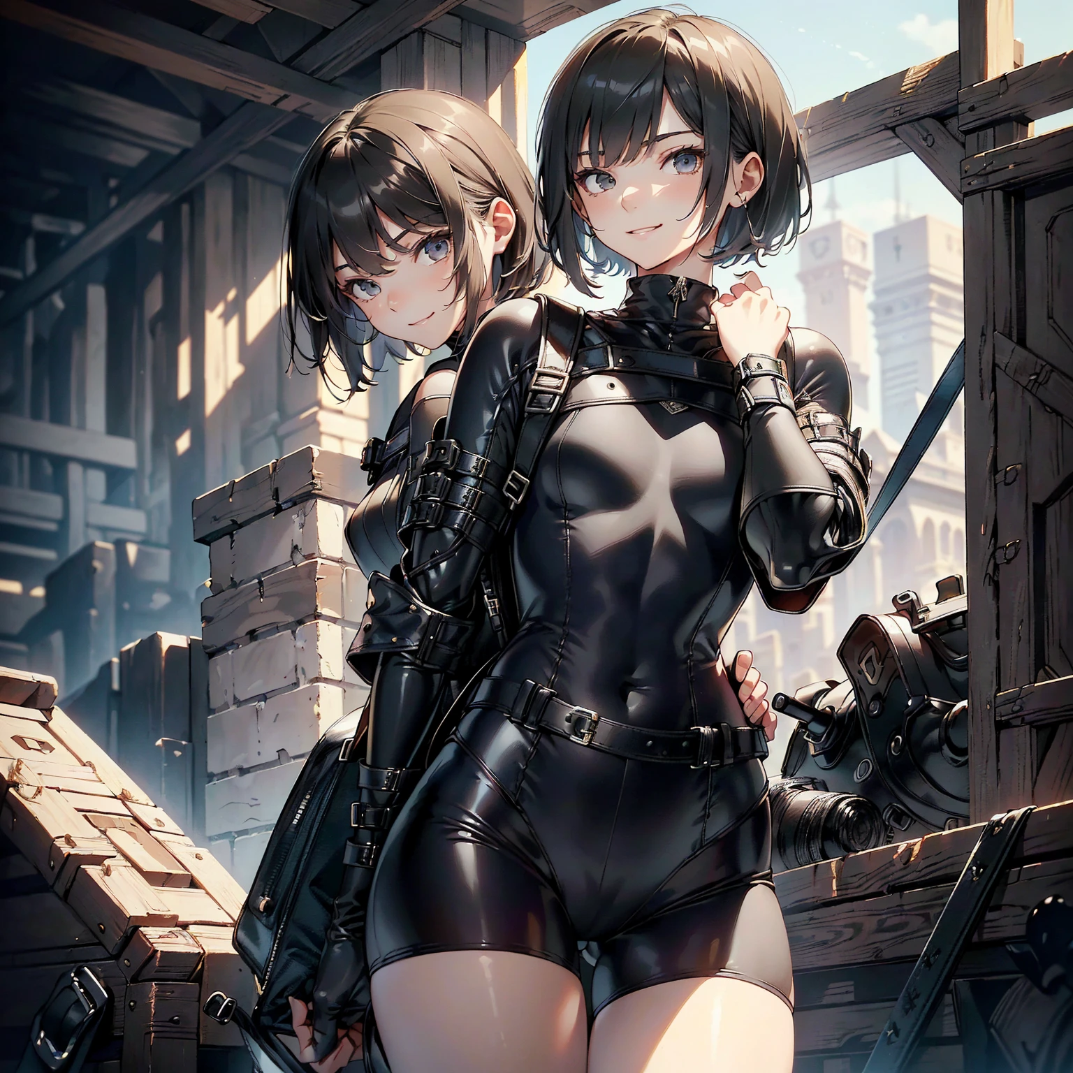 (masterpiece、highest quality、highest resolution、clear_image、detailed details): (whole body、18 year old female fighter，Slender、small face、black super bob short hair、Shiny black tight combat uniform，tight suit、Gentle smile、Backpack)