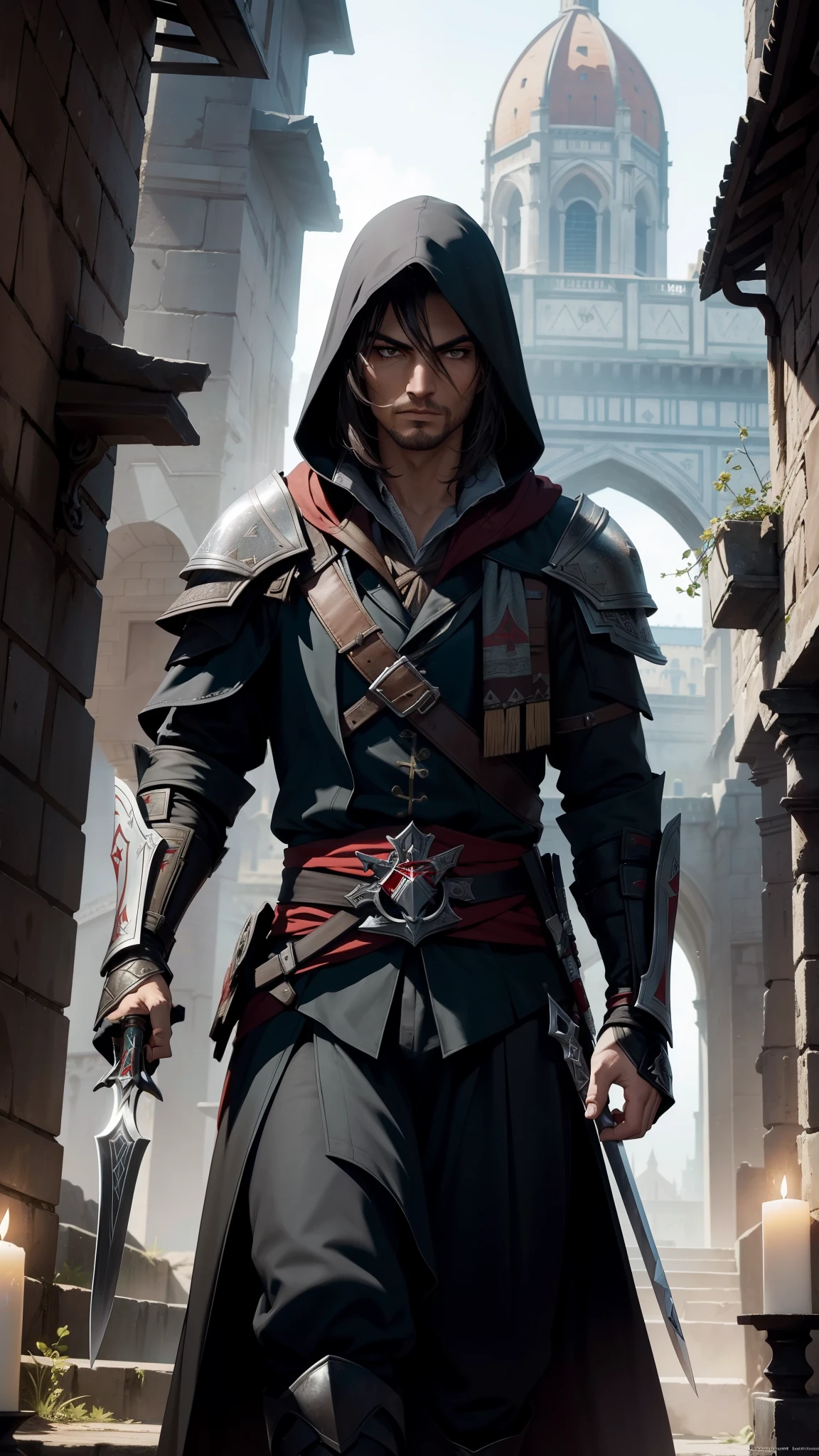 masterpiece, top quality, 16K UHD,
stealthy assassin,
Assassin's Creed, dark alley, hidden blade,
gothic cathedral, cityscape, night,
(assassin's hood: 1.3), brown eyes, strong jawline, determined expression, cloaked figure, candlelight --auto --s2

masterpiece, high res, 3 assassins, Assassin's Creed, medieval armor, hooded, masks, swords, ancient ruins, castle

masterpiece, top quality, photorealistic, wallpaper, official art, Ezio Auditore da Firenze, Florence,