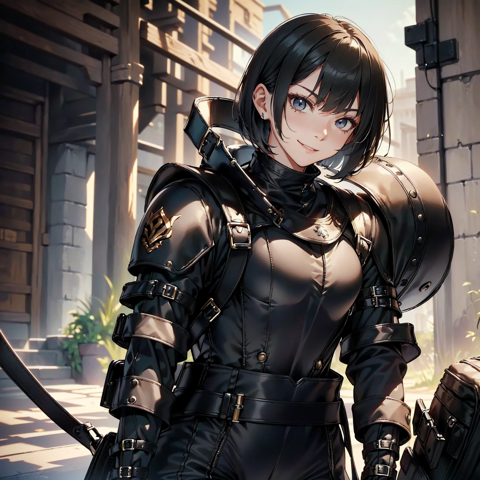 (masterpiece、highest quality、highest resolution、clear_image、detailed details): (whole body、18 year old female fighter,Slender、small face、black super bob short hair、Shiny black tight combat uniform,tight suit、Gentle smile、Backpack)