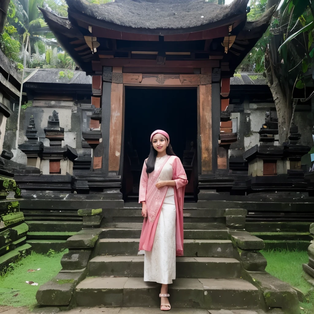 Seorang wanita berparas indonesia, memakai pakaian adat bali, sedang menari dialtar candi, dengan latar candi candi khas bali, foto 8K, real full HD