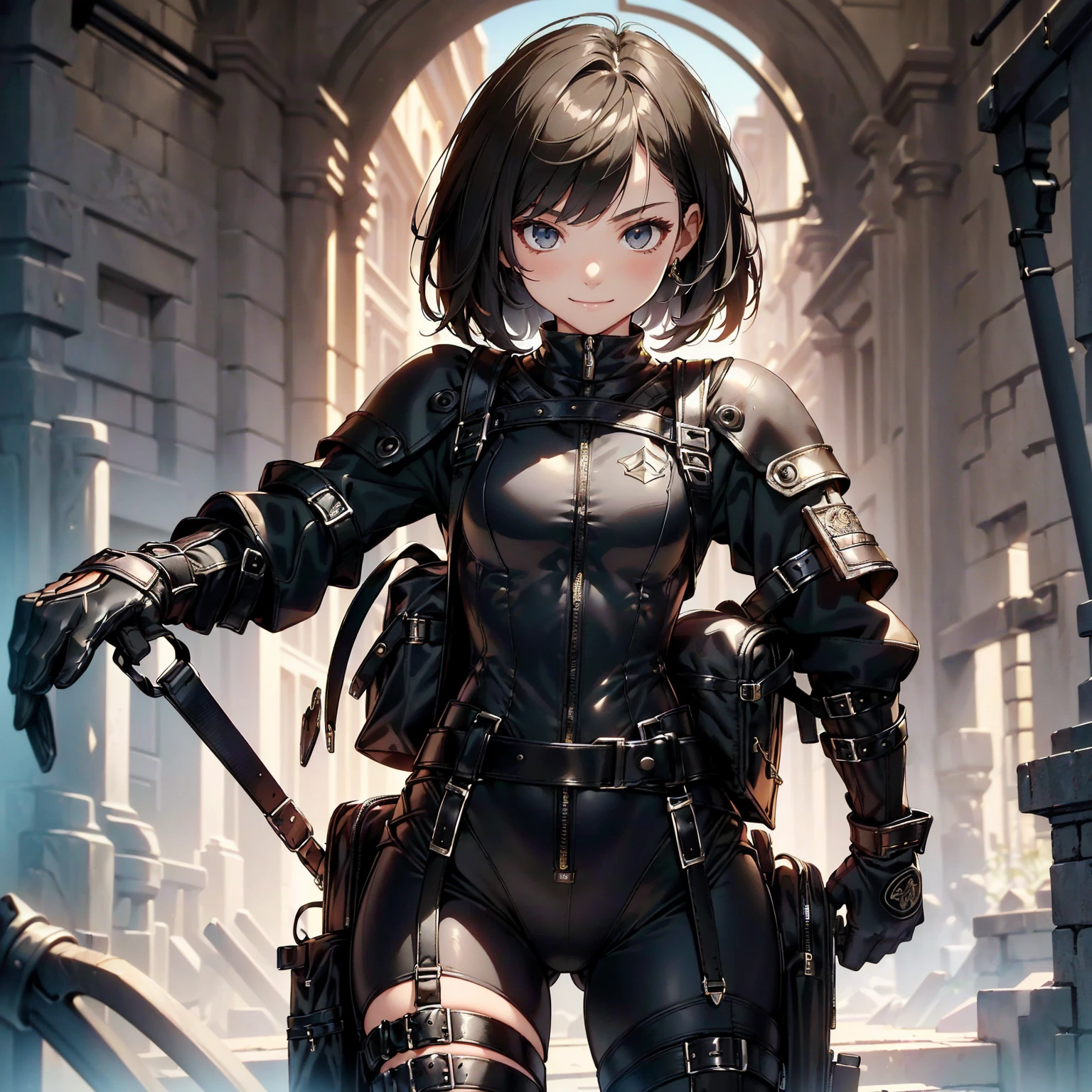 (masterpiece、highest quality、highest resolution、clear_image、detailed details): (whole body、18 year old female fighter,Slender、small face、black super bob short hair、Shiny black tight combat uniform,tight suit、Gentle smile、Backpack)