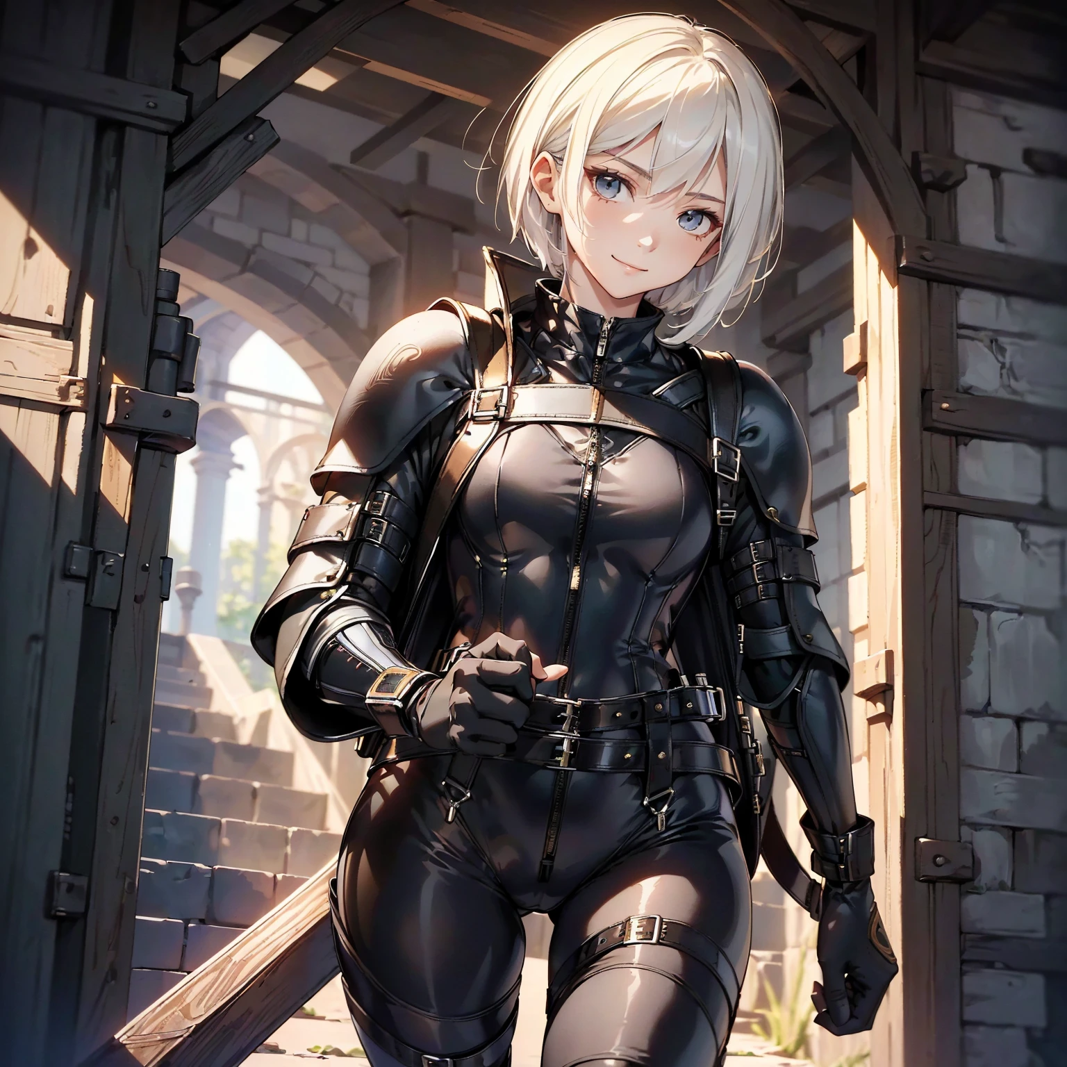 (masterpiece、highest quality、highest resolution、clear_image、detailed details): (whole body、18 year old female fighter,Slender、small face、black super bob short hair、Shiny black tight combat uniform,tight suit、Gentle smile、Backpack)