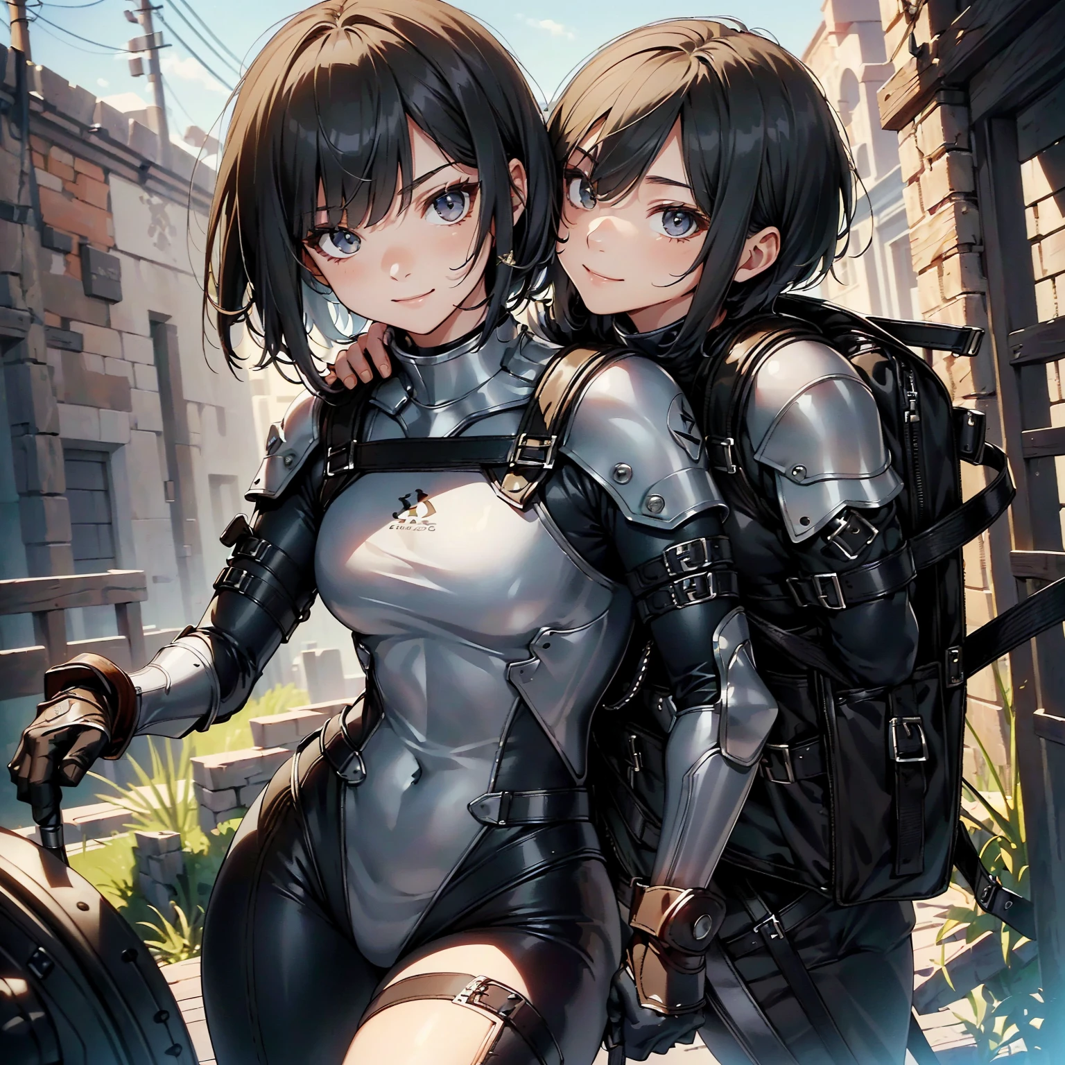 (masterpiece、highest quality、highest resolution、clear_image、detailed details): (whole body、18 year old female fighter,Slender、small face、black super bob short hair、Shiny black tight combat uniform,tight suit、Gentle smile、Backpack)