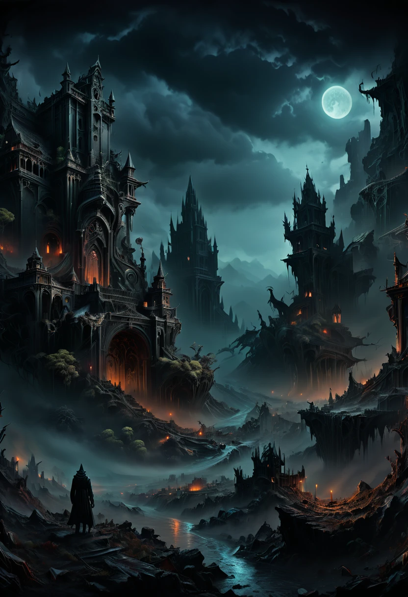 Eerie Places, dark Art, dark theme, dark fantasy, panoramic, Ultra high saturation, (best quality, masterpiece, Representative work, official art, Professional, 8k)
