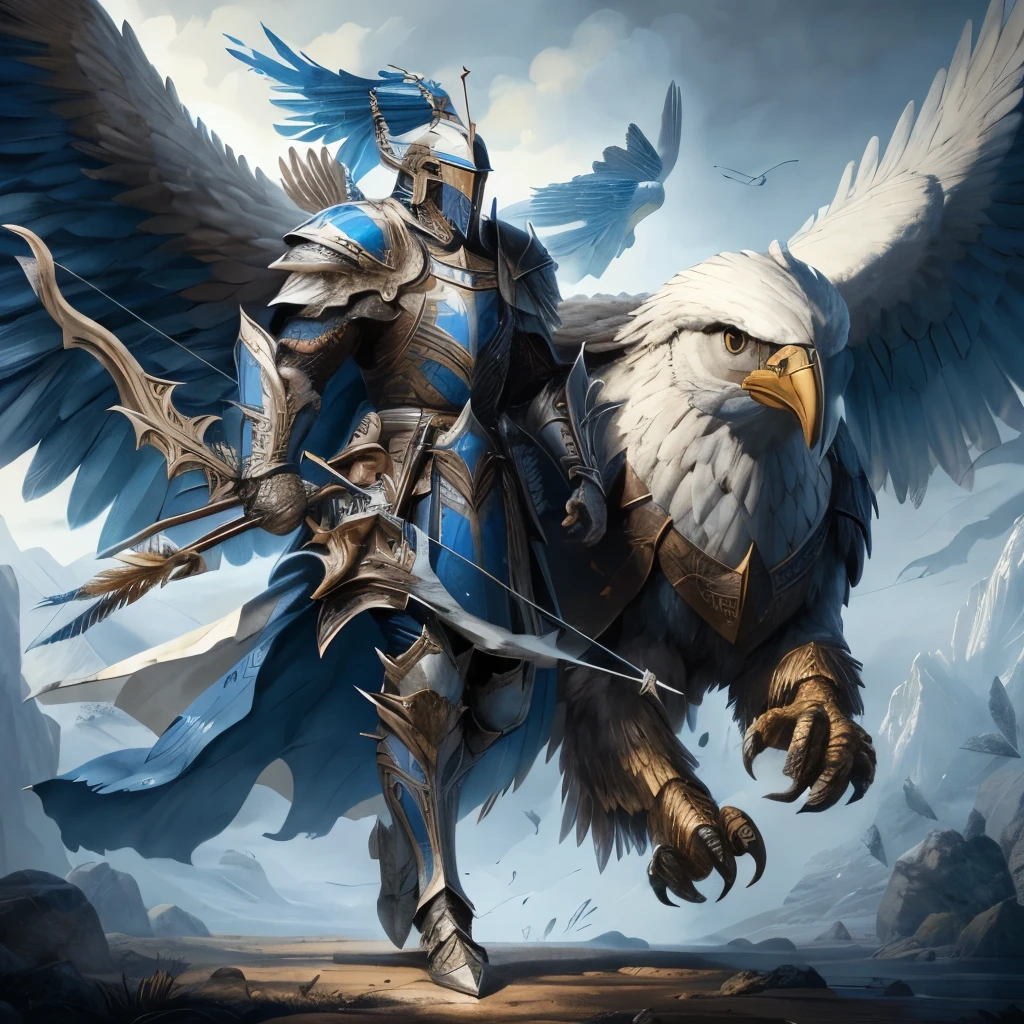 a fullbody image of an male human knight alongside a riding giant eagle, wearing a metal avian fullplate armor with blue decorations, wields a great composite bow, a lance on the back, high detail, defined armor, pathfinder, rpg, d&d character
