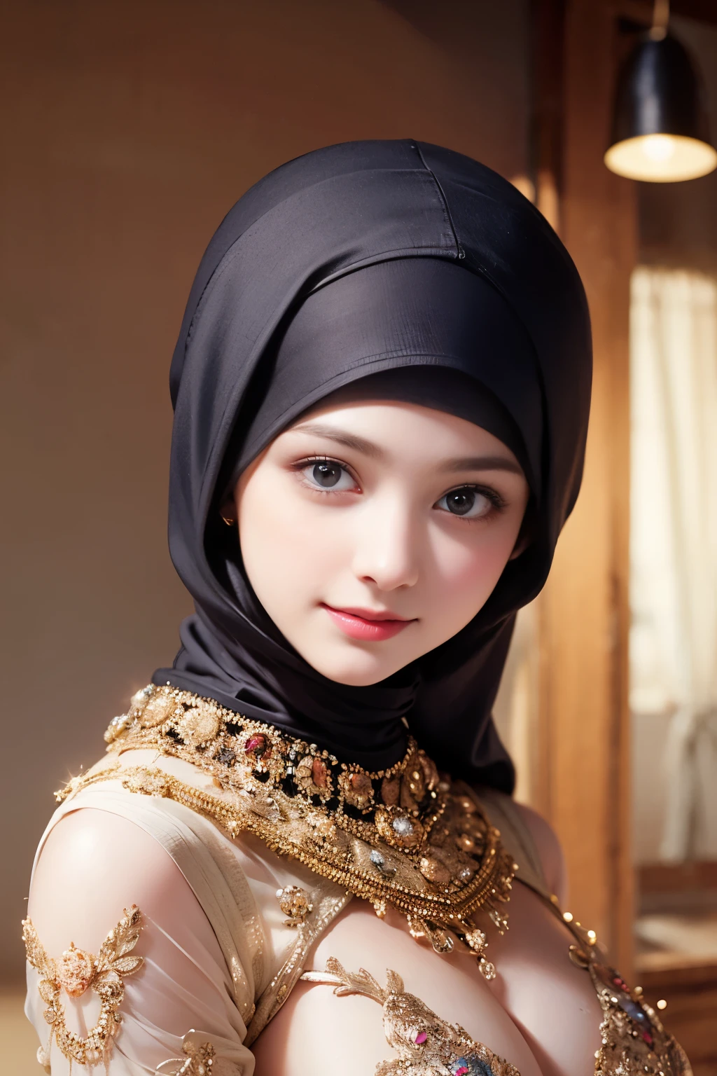 nsfw,Highest Quality, Highest image quality, RAW Photos, Realistic, Photorealsitic, ultra detailed and beautiful, highest details, ung girls, good-looking, Beautiful fair skin and luster, Beautiful eyes are big and bright, Small mouth and thin lips, hijabi, Goodness of style and slenderneseautiful big breasts:1.3), She has a cheerful personality and a cute smile......, Natural makeup, Pearl Pin Cripantasy see-through costume with cute details and wide breasts:1.5), Cute s, beautiful girl illuminated by seven colors of light, Irridescent color,