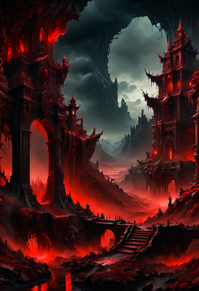 Eerie Places, red theme, dark fantasy art, panoramic, Ultra high saturation, (best quality, masterpiece, Representative work, official art, Professional, 8k)