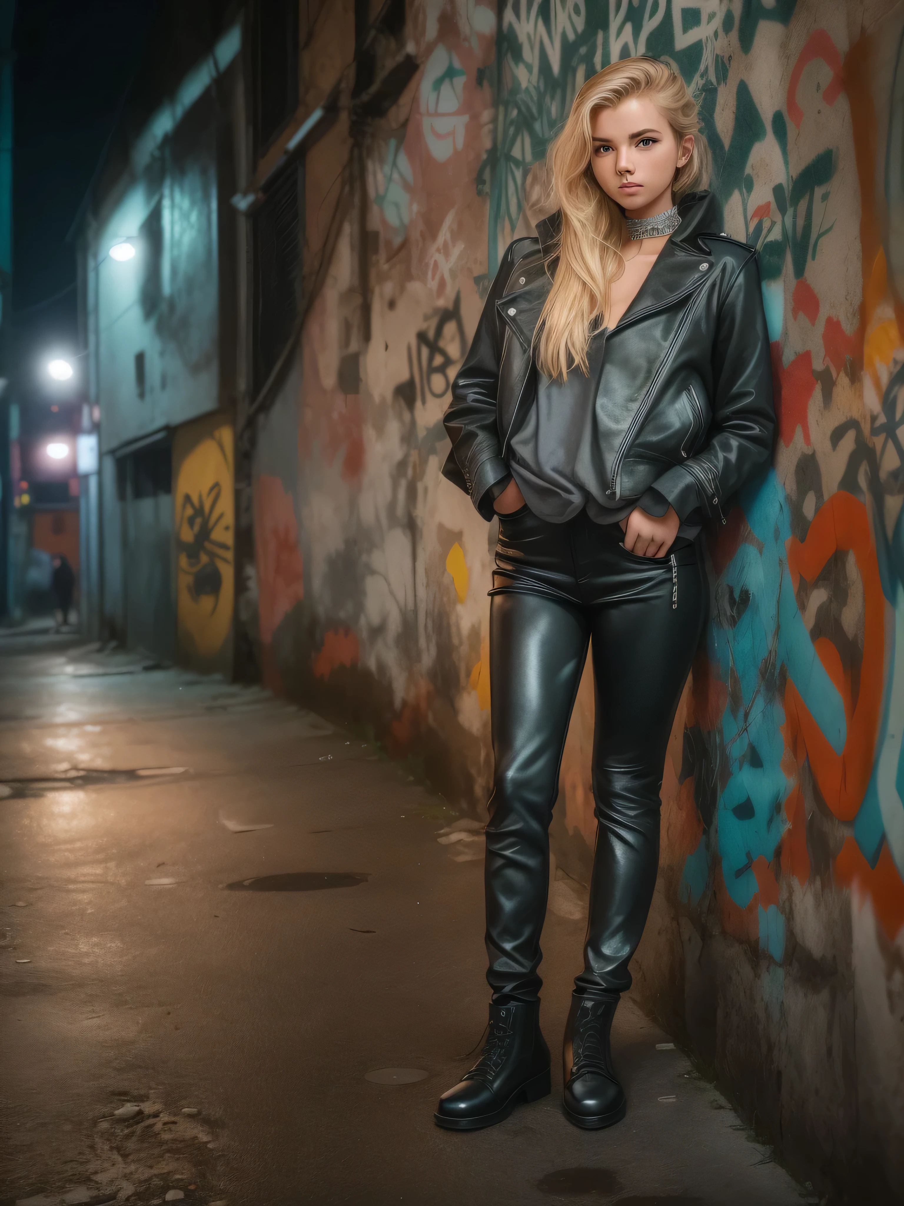 sensual 15-year-old teen girl in black leather pants, blond hair, green eyes, leaning against a wall in a city alley full of skull graffiti on a light rainy night