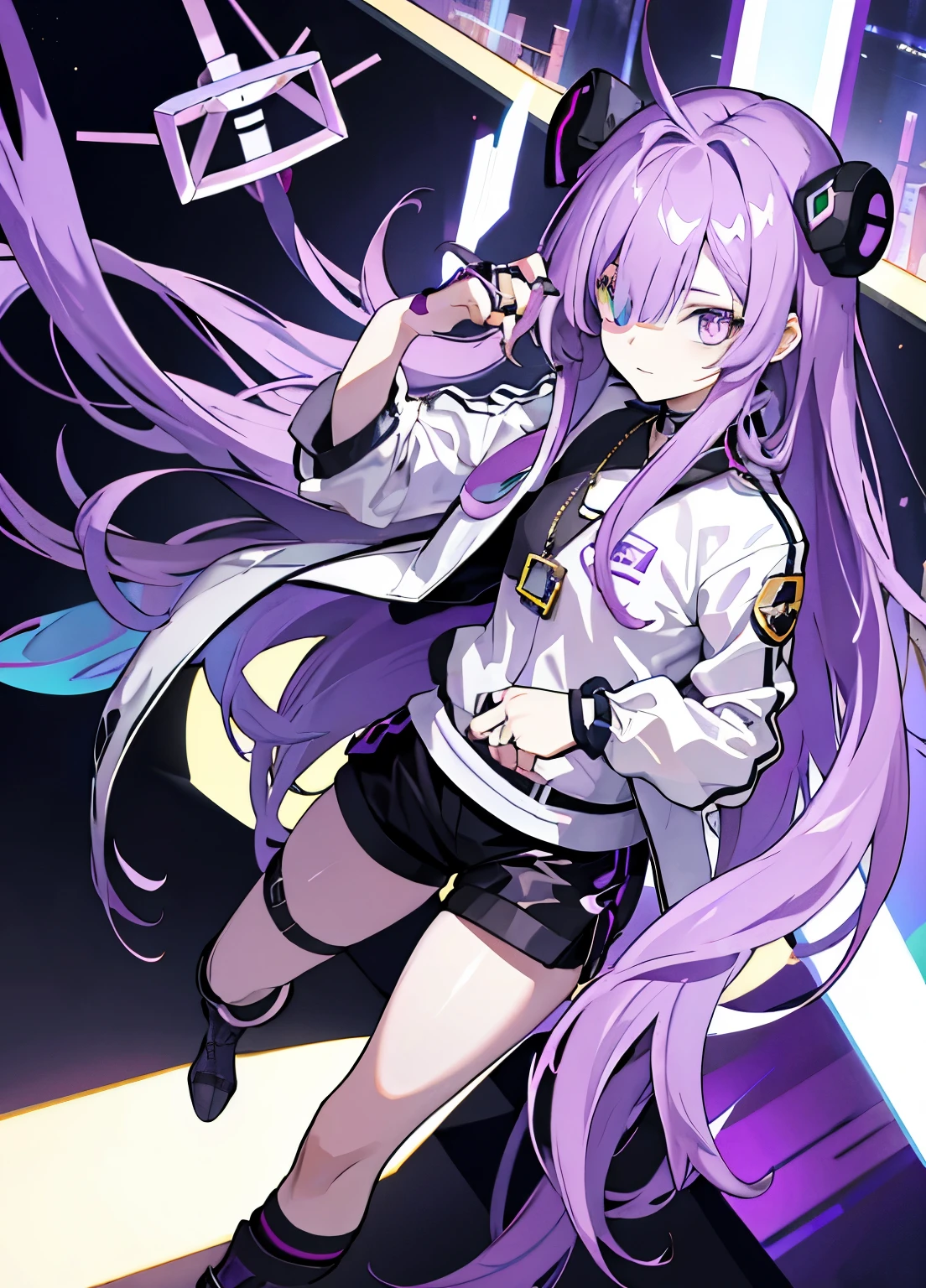 Long purple hair,Android,black stockings,shorts,whole body,pendant,windbreaker,handicapped,Single eyes,Four figures stood around,heterochromatic pupils,Angel ring on head,Standing in the office thoughtfully