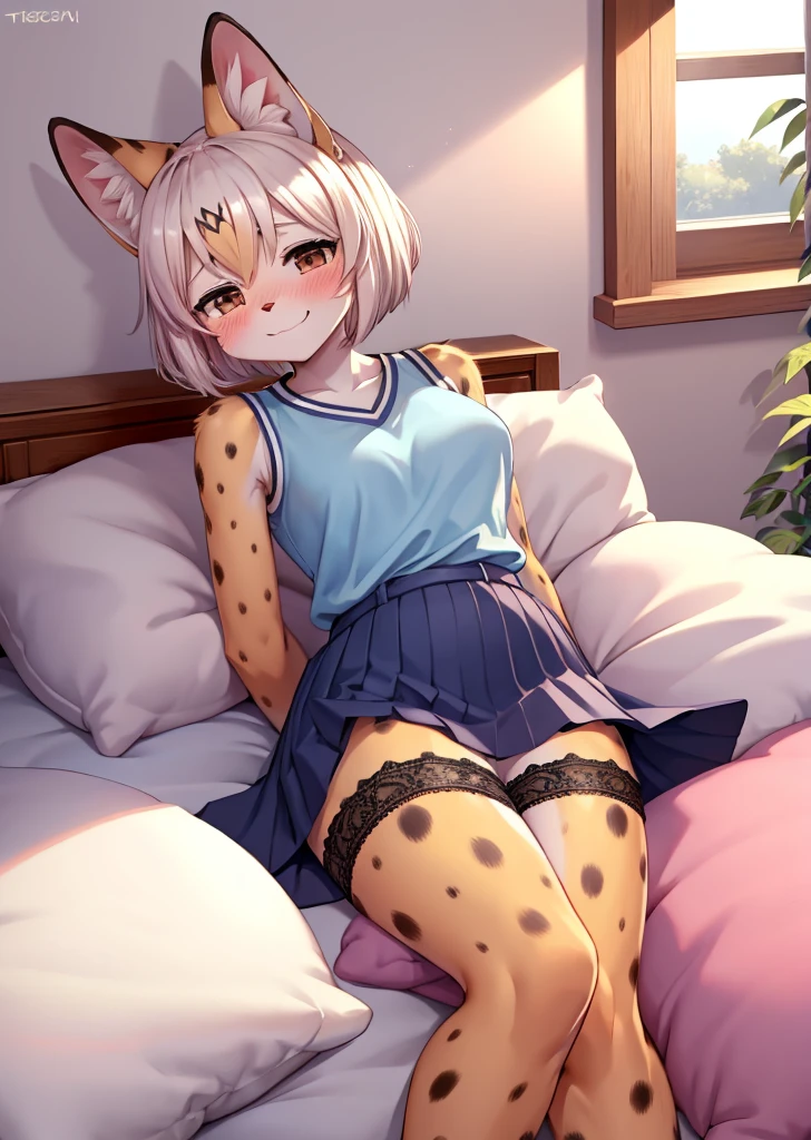 alone, beast wild, fluffy woman, Tigre, Serval ears,, (Maximum details), (light and shadow),Serval tail, SHORT HAIR, pillow background, 穿着school shirt的可爱女孩在枕头上摆姿势, student, school skirt, (deep blues), school shirt, (white), Nature,, (Blushed),a smile，pillow head,many pillows，soft pads，Canopy bed，Soft pillows，soft pads，Soft pillows，crotch rub，Pillow hump,（Pink pillows），（The love surrounding the protagonist），（steaming hot），（pillow head），（），（Luxury pillows），（Palace pillow pattern pillow），（palace），（palace卧室），（Gorgeous pattern pillow），Soft pillows，，（Classical European style bedroom ），（excited，Shy，Proud，Holding urine，lack of expressiveness，），，lace pillow, trembling,，lust，，trembling，Relax and rest，Four-poster bed，有many pillows,SERVAL PRINT， TAIL, BOW, SLEEVELESS SHIRT,