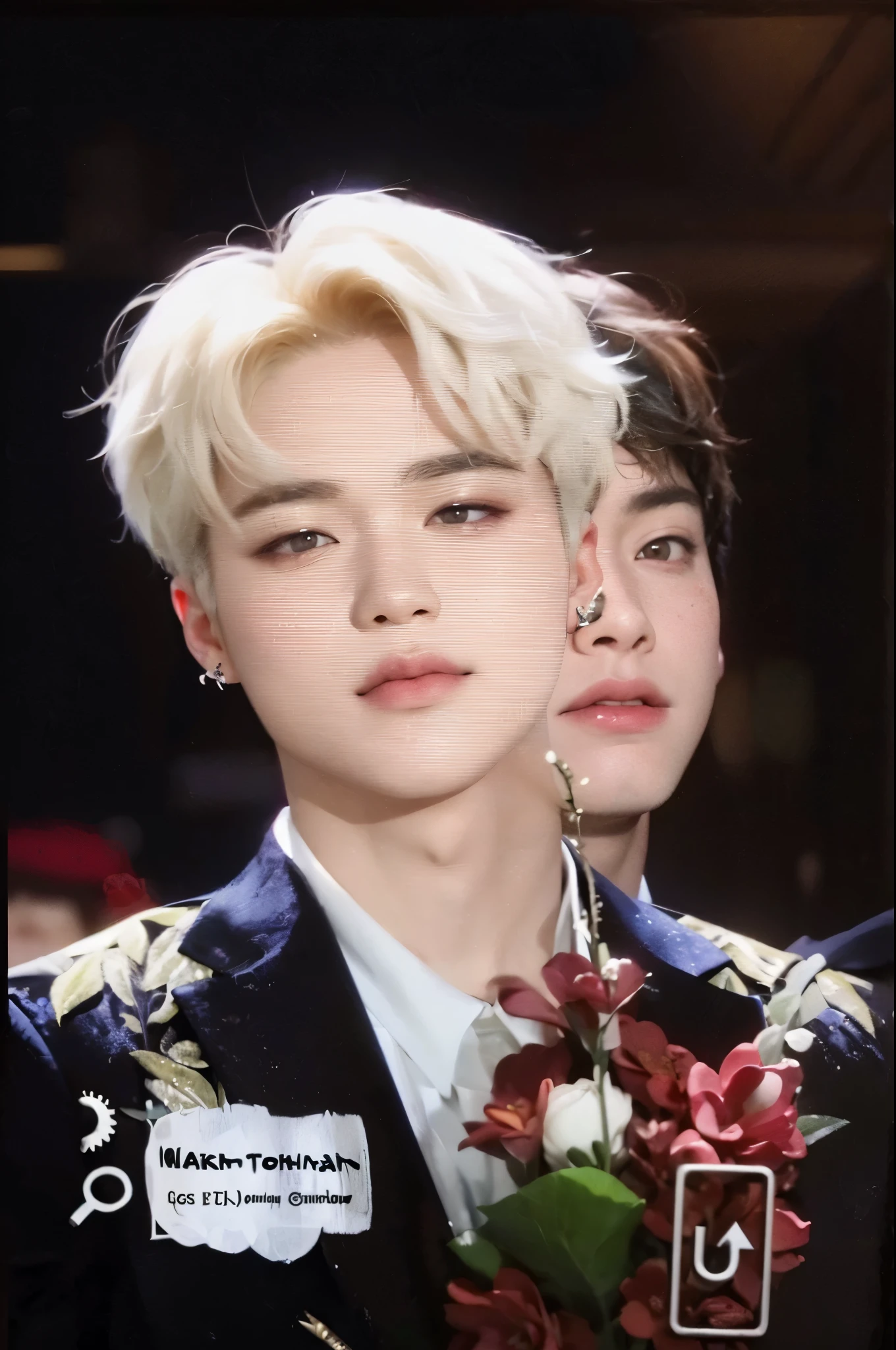 un primer plano de una persona sosteniendo una flor frente a una imagen, Jimin\los labios carnosos, Jimin\tiene el párpado derecho hinchado, Jimin\la nariz griega, park Jimin, Jimin, accurate Jimin face, yoongi de pelo negro, bts, TaeJune Kim, Jung Jaehyun, sonrisa irónica, hyung tae, cai xukun, kpop boy, bts jimin, korean face, dolly