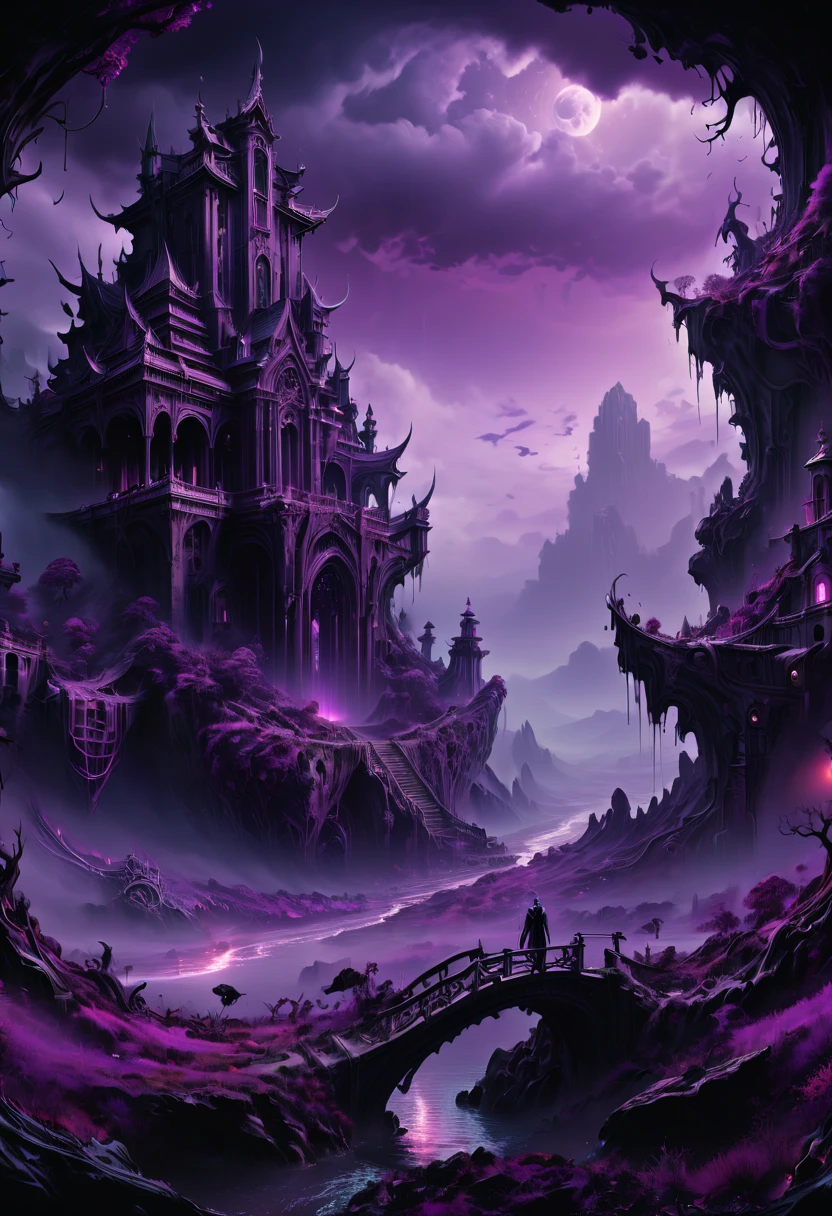 Eerie Place, purple theme, dark fantasy art, panoramic, Ultra high saturation, (best quality, masterpiece, Representative work, official art, Professional, 8k)