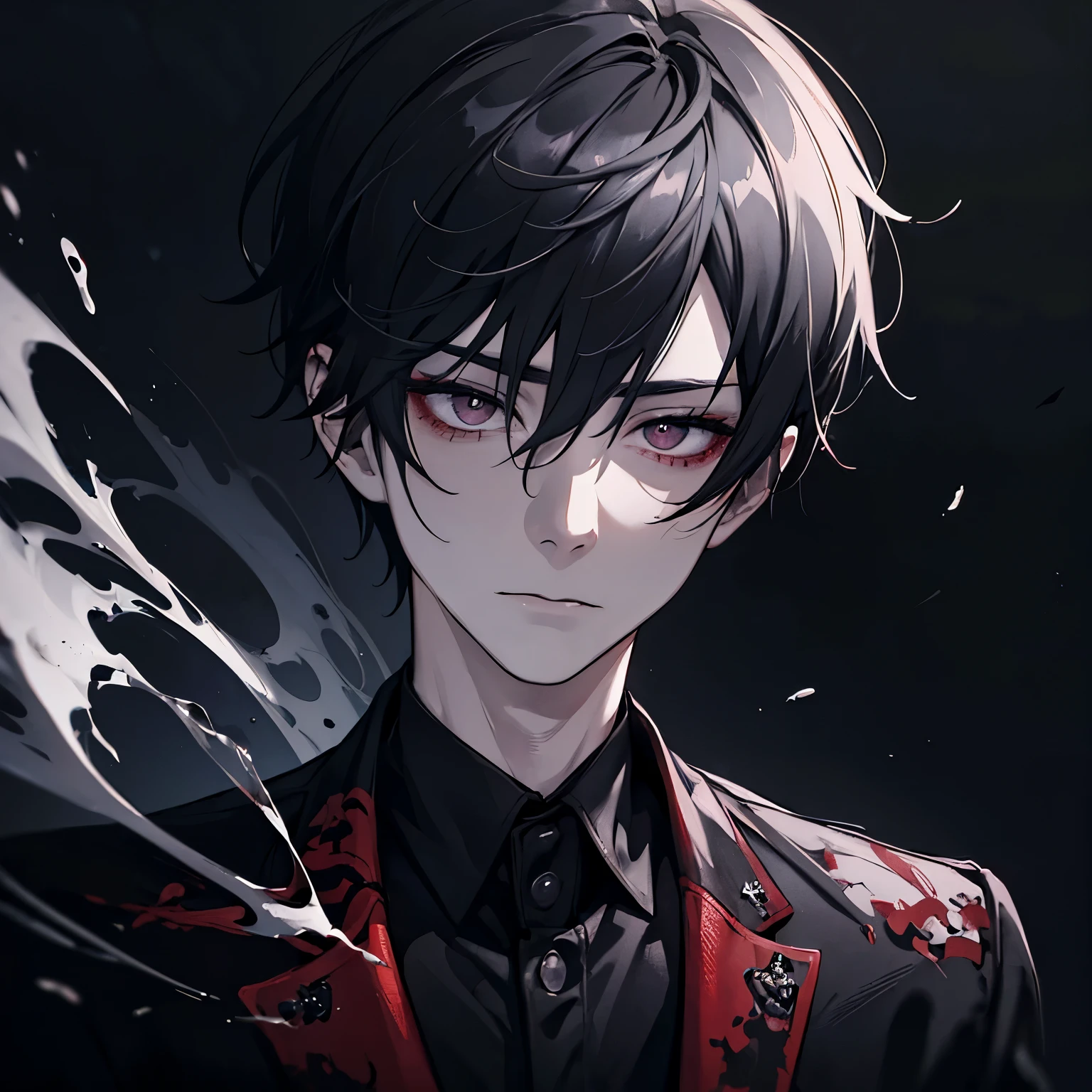 dark, dark lighting, solid black background, anime man, painted, canvas, painted style, ashy hair, detailed painted eyes, drinking blood, pale skin, black suit with gloves, aloof, looking down, dark red tongue sticking out to drink blood