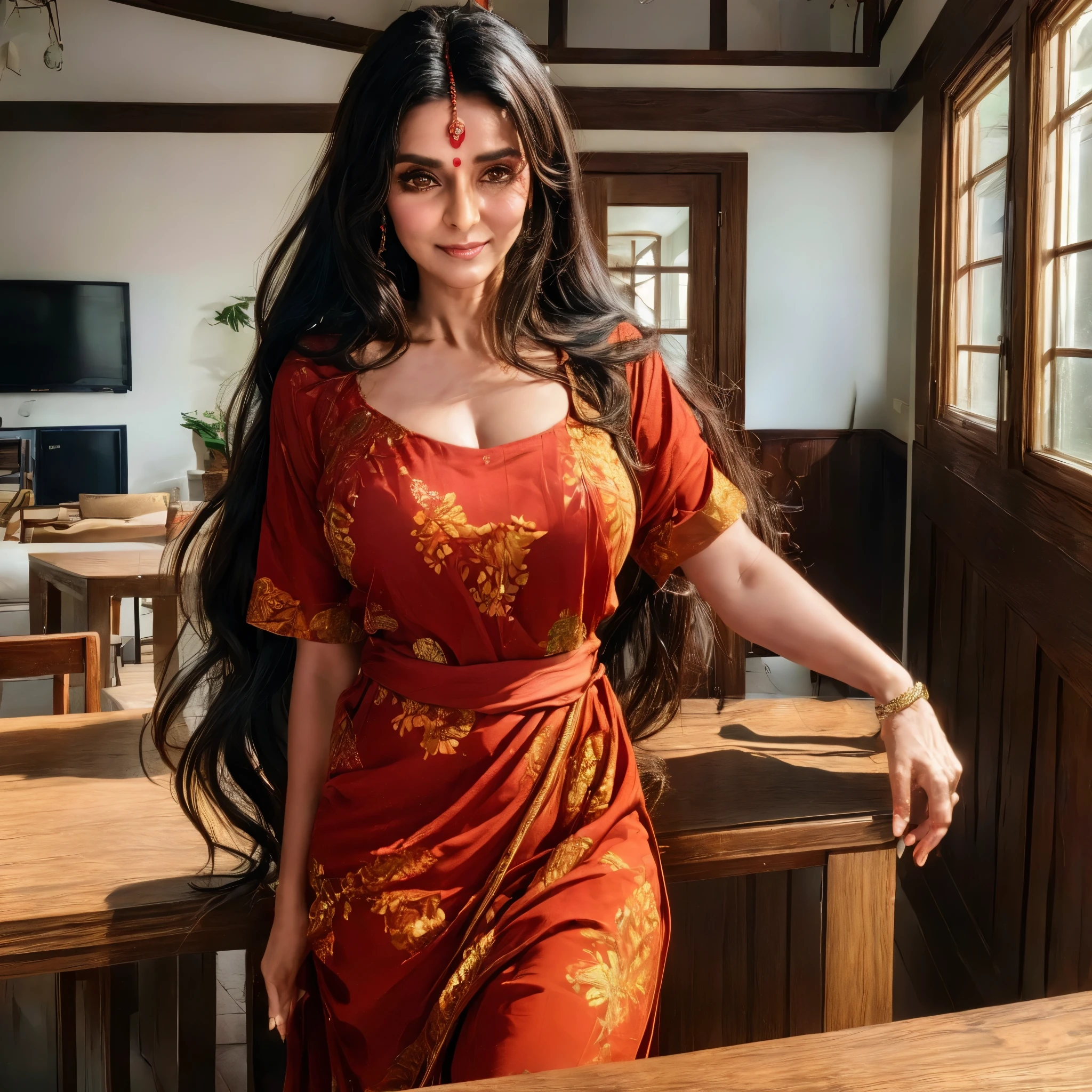 (best quality,4k,8k,highres,masterpiece:1.2),ultra-detailed, 1woman, Indian goddess Kali as middle aged housewife, paricho, long black hair, brown skin, In her 40's, wearing 1950's house dress, realhips, paricho, smiling at viewer seductively, HDR, 8k, absurdres, cinestill 800, sharp focus, add_detail:2, (solo, woman)
