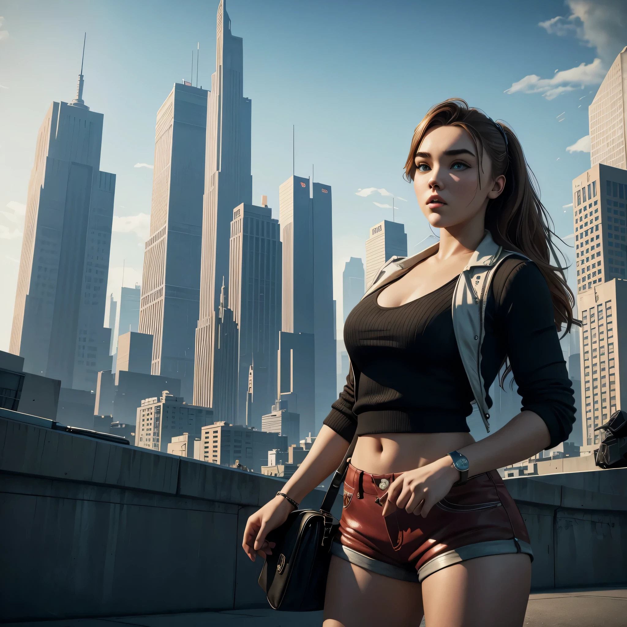 Emma Watson, "A towering giantess in a cool and laid-back hippie style rocks a crop top and a short skirt. Her slender physique with round breasts. She seems to casually stroll through the bustling cityscape of GTS City, while towering buildings tower overhead. Smoke and clouds swirl around them, adding to the sense of epic scale and drama. The lighting is dark, gloomy and realistic, creating a tense and threatening atmosphere. The perspective is from below, emphasizing the sheer majesty and power of the giantess."