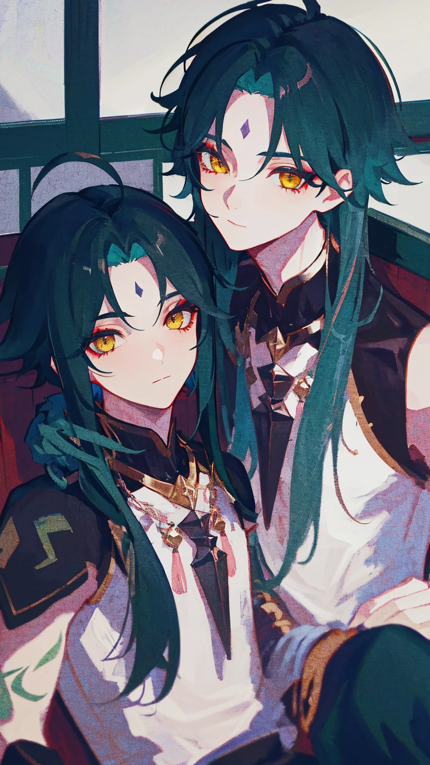 2boy, long hair, , earrings, yaoi, yellow eyes, jewelry, green hair, , blush, couple, pectorals, closed mouth, collarbone, looking at viewer, breasts, parted bangs, short hair, blue hair, smile, bangs, corset