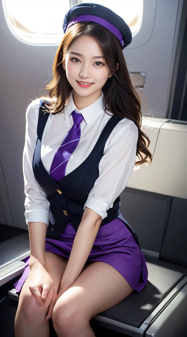 (((full body,including legs、sitting down,opened legs apart)))、(((perfect uniform of Japanese stewardess, perple uniform,necktie, purple vest-dress uniform、purple small hat, (black high-heel),  little smile,white blouse,tight blouse、purple tight skirt))), white gloves, short gloves,  high heel、transparant nipples,Dressed up、(Photo real:1.4)、(A hyper-realistic:1.4)、(Photorealistic:1.3)、 (gentle lighting: 1.05)、(Improve the lighting quality of your video:0.9)、32k、 1Girl、28years old girl、photorealistic lighting、Back lighting、Facial Lights、Ray Trace、(bright:1.2)、(Increase quality:1.4)、 (best quality real texture skin)、Fair eyes,Delicate and delicate face, Close-up of the breasts, white blouse,tight blouse,tight jump-skirt , (Bodyline mood improvement:1.1)、Glossy skin、wavy hair,blonde hair,韓国アイドル、乃木坂アイドル、Sculptural Idol Pose、little smile,blush,Beautiful actress、Neat woman,whole body, (((midium breasts,beautiful breasts))),(perfect row of teeth),slender waist and hip,beautiful long legull shot)、((8heads tall)、(((誘惑している、恥ずかしい)))、dynamic pose,gravure pose,(eye shadow),((red cheek、red lips)),Super Clean Night View、night time、blush,little smile,(((full shot)))、Super Clean Night View、night time、blush,little smile,(((in the air plane))),