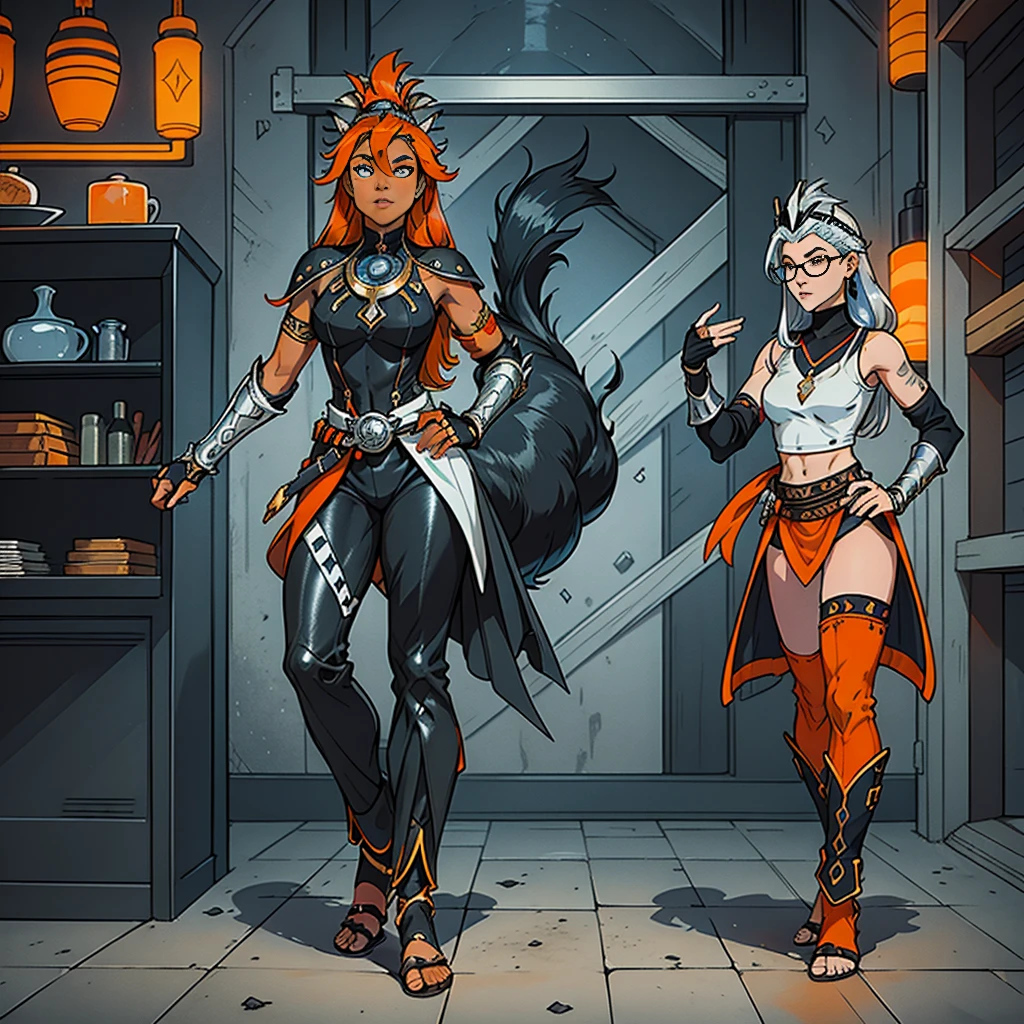 (((full body photo)))  (((three characters))), Female, (((pele escura)))), Cabelo preto com Rabo de cavalo, Olhos azuis claros, Round glasses with small dark lenses, This lens is silver , e moldura Azul Claro, (((Black metallic gauntlets and greaves with orange and silver highlights)), (((The clothes have a mix of modern and tribal)))), Tendo principalmente cor preta,  but having pieces of silver , Shoulders on display, On the hip, pants extending to half the thigh in black.