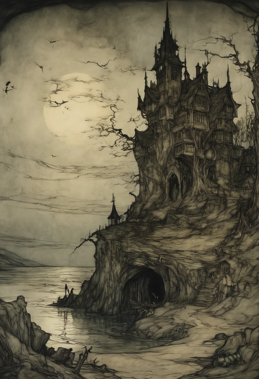 Eerie Place, by Arthur Rackham, best quality, masterpiece, 8k