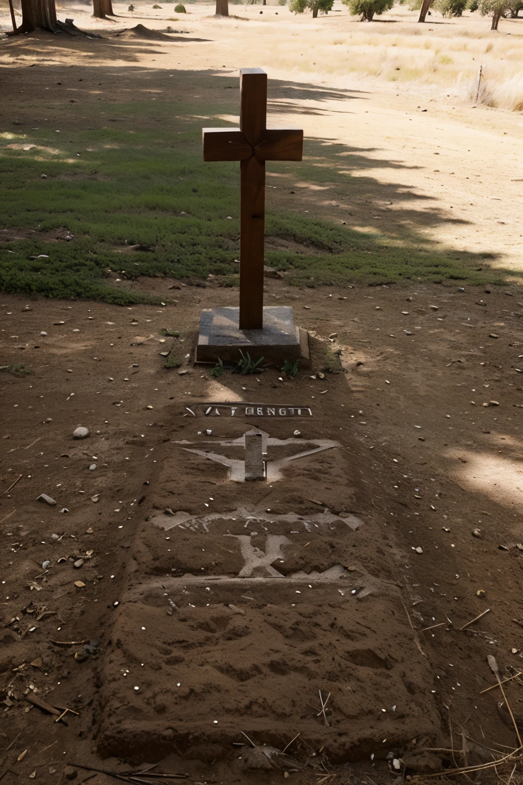 old grave just a cross in wood in the middle of the far west, with dusty and sunny day, there is a digweed who pass in the picture 