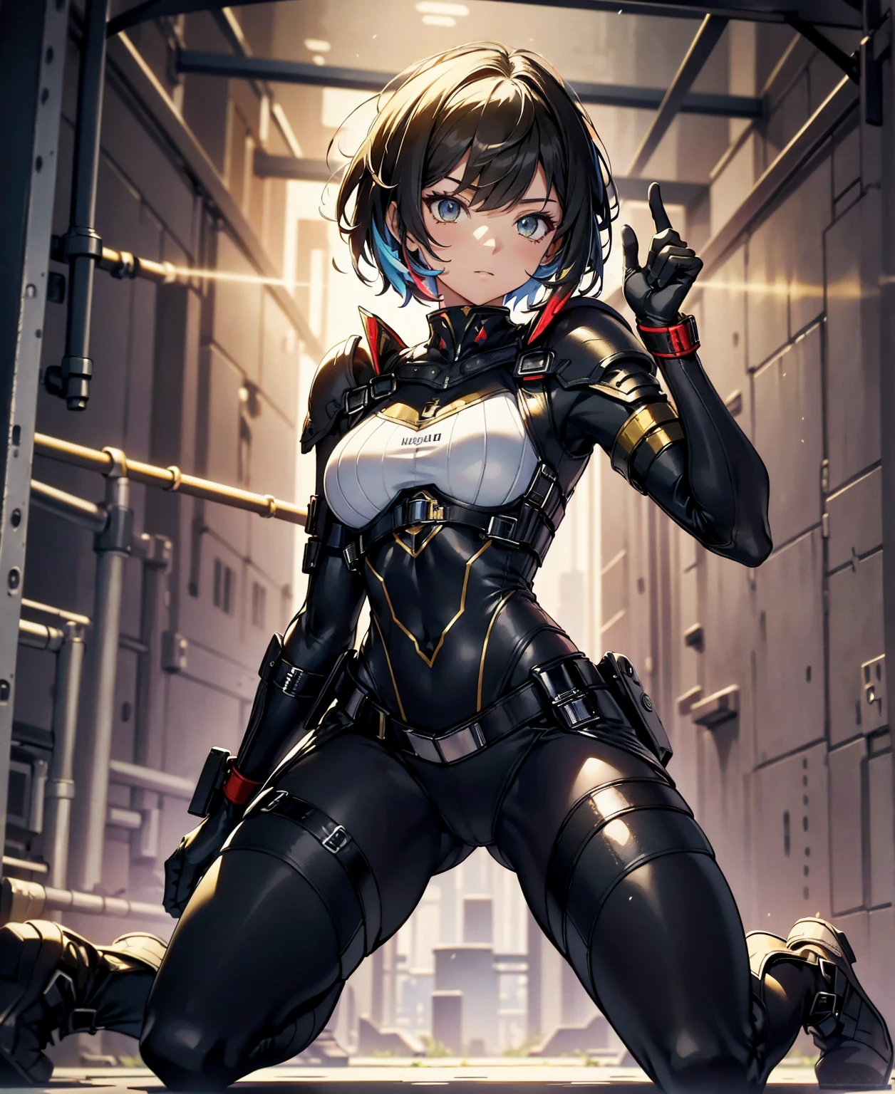 best quality,T Masterpiece,ultimate resolution,fluff,very colorful,colorful,female combatant,(kneeling pose)(pointing at you with his butt)mature woman,Black Super Short Hair,tight combat uniform,tight suit,Steel City Background,night,normal posture,normal posture