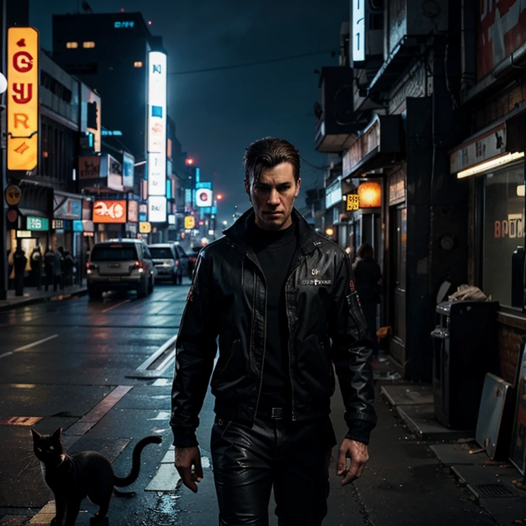 A lonely man near a cat In a cyberpunk universe, video games style, realistic, phone wallpaper, ultra hd, realistic.