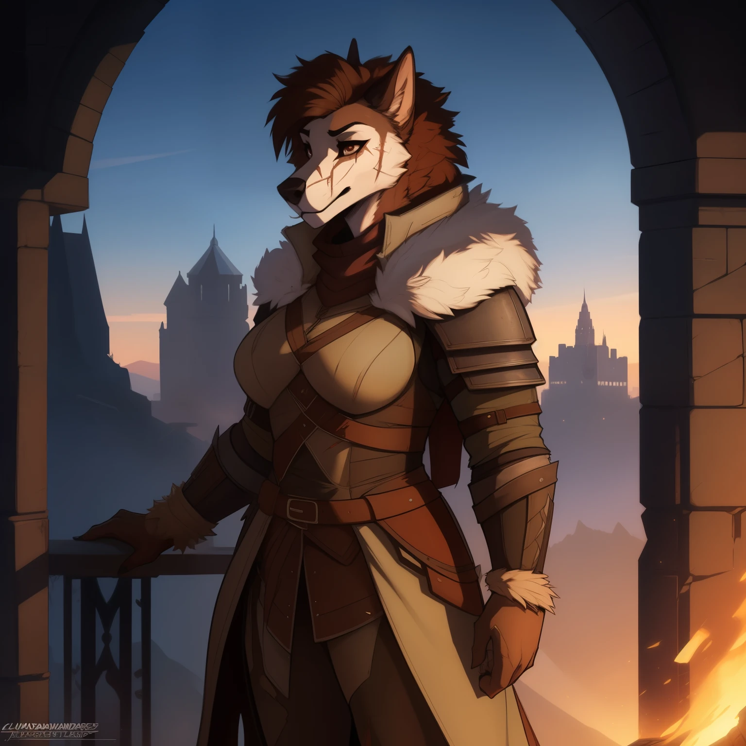 Tall_lanky_gnoll female gray_multitoned_furry_body brown_eyes very_fluffy scars heavy_medieval_armor torn_tabbard torn_surcoat solo Masterpiece best_quality:1.6 absurdres highly_detailed well_drawn_eyes anthro_only by_claweddrip, by_greasymojo, by_underscore-b, by_runawaystride portrait 