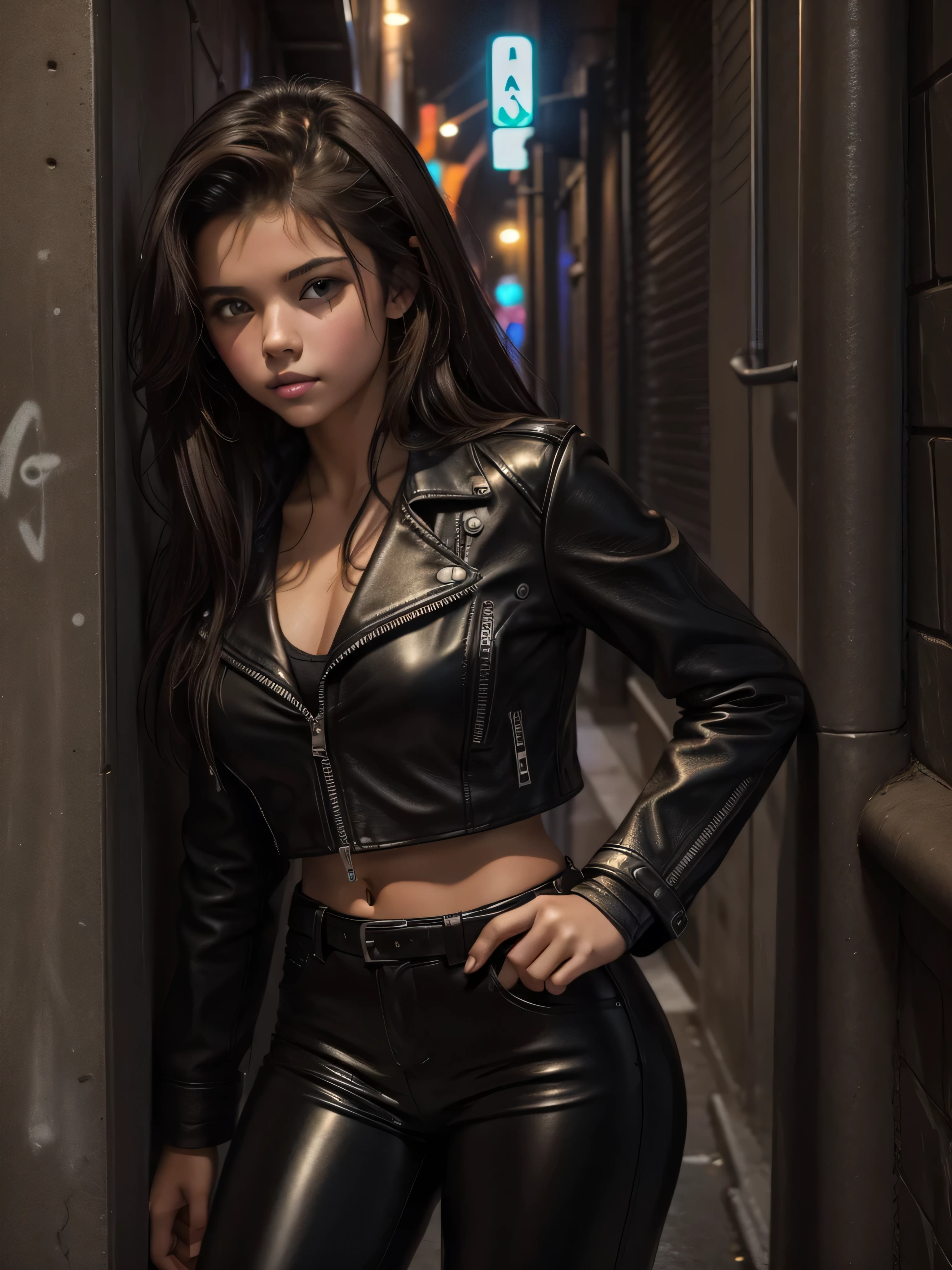 sensual -yeld tein black leather pants, black leather glow, dark brown hair, brown eyes, leaning against a wall in a city alley full of skull graffiti on a light rainy night