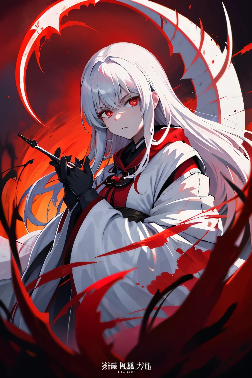 In the captivating world of the anime BLOOD-C, a chilling poster emerges under the high definition radiance of HDR lighting. The intriguing scene unfolds in dimly lit shadows, where a girl with unruly, Niji-colored hair clutches a colossal, blood-red scythe. The contrast between the bloodstained, pristine white kimono she wears and the crimson scythe adds an ominous touch to her appearance. Her pupils are replaced by intense, glowing red eyes, and her expression exudes a disdainful sneer as she gazes towards the audience. The background is a macabre bloodb