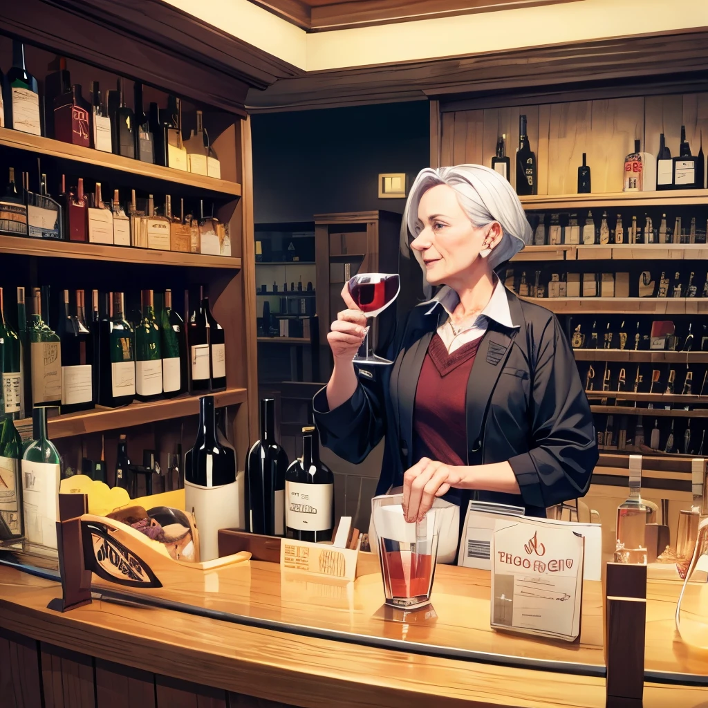Please make a liquor store with owned by old grandma holding wine, and men and women chatting by drinking