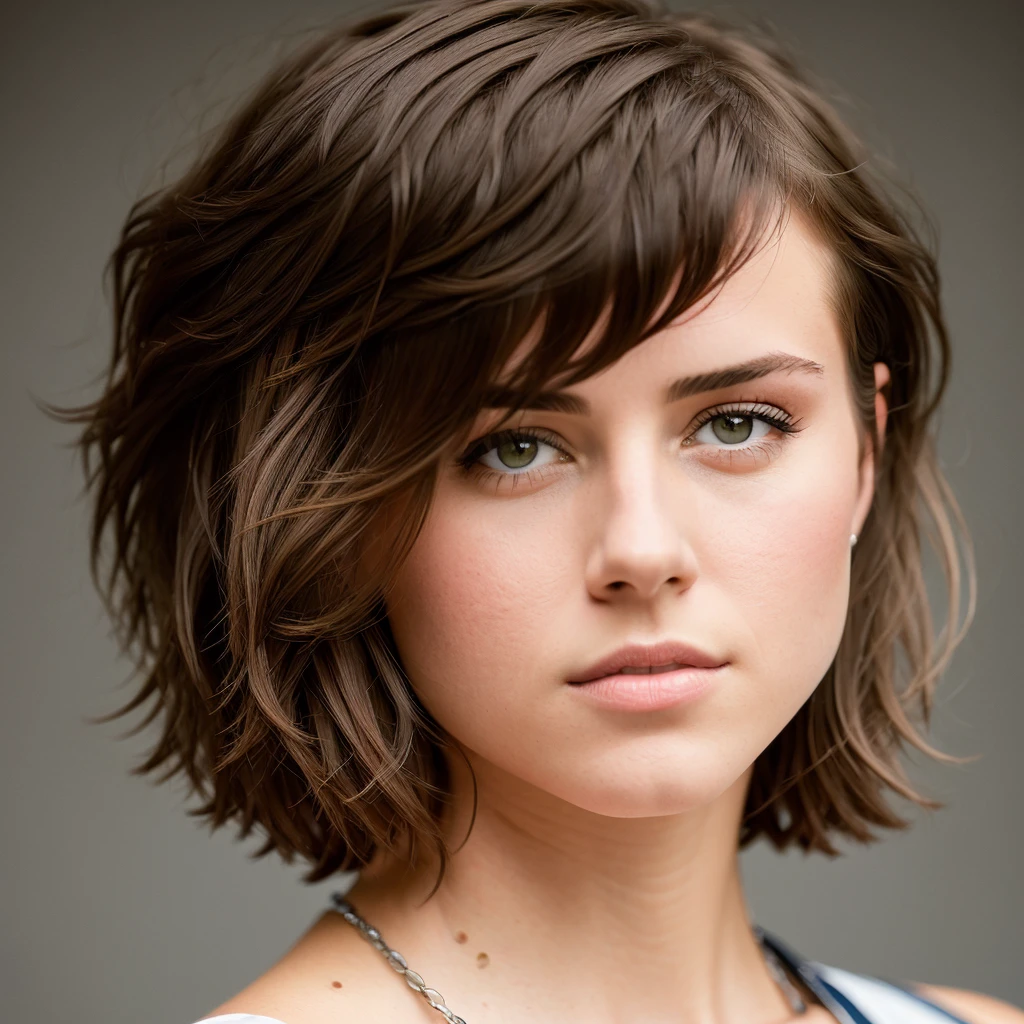 photograph oF a 19 yo american woman with short brown hair, Peinado desordenado, peinado corto, un retrato de personaje de Alayna Lemmer, fondo de pantalla, poster, sharp Focus, incredibly detailed, detalle exuberante, Filigree, intrincado, cristalino, perFectionism, maximum detail, 4kUHD, obra maestra, Borde duro, Retrato de estudio, Leica M2 studio photography, Lente sigma de 50 mm, F/5.6, #myportFolio, 500px