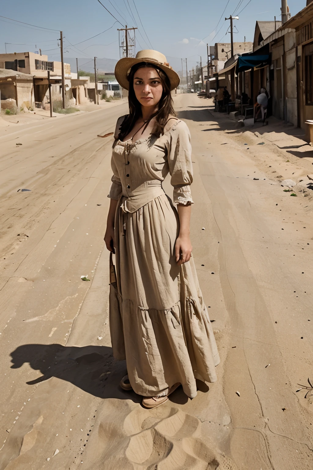 during far West Bank robbing, billets all over the floor on the street there is sand and dust, a woman wearing a dress from 1900 is taking a selfie, western , saloon bank, outside
