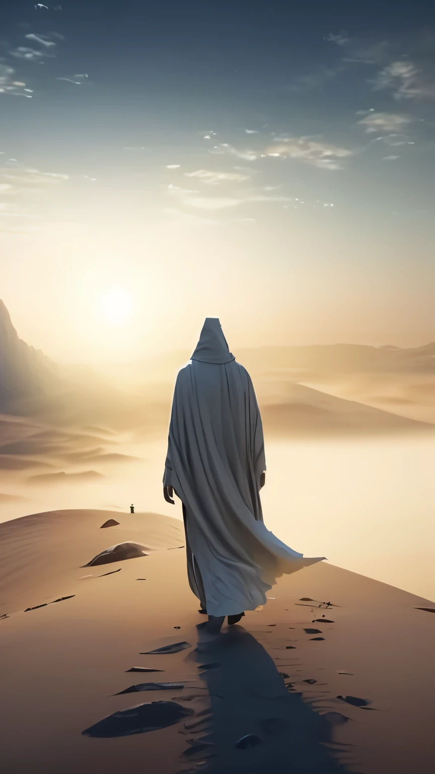 sharp man walking in a desert with a blanket on his head, still do filme duna-2021, na duna do filme 2 0 2 1, still do filme duna 2020, cena do filme duna 2 0 2 1, em uma arena no filme duna-2021, unreal engine 5 dramatic rendering