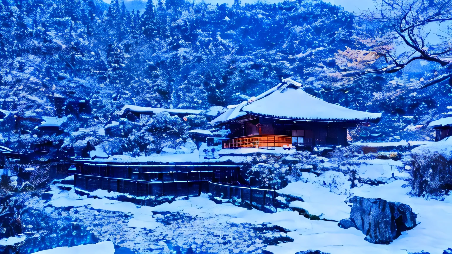 Japan　rural area　Gassho-zukuri　winter　snow　積snow　moonlight　best image quality　highest quality　4K　