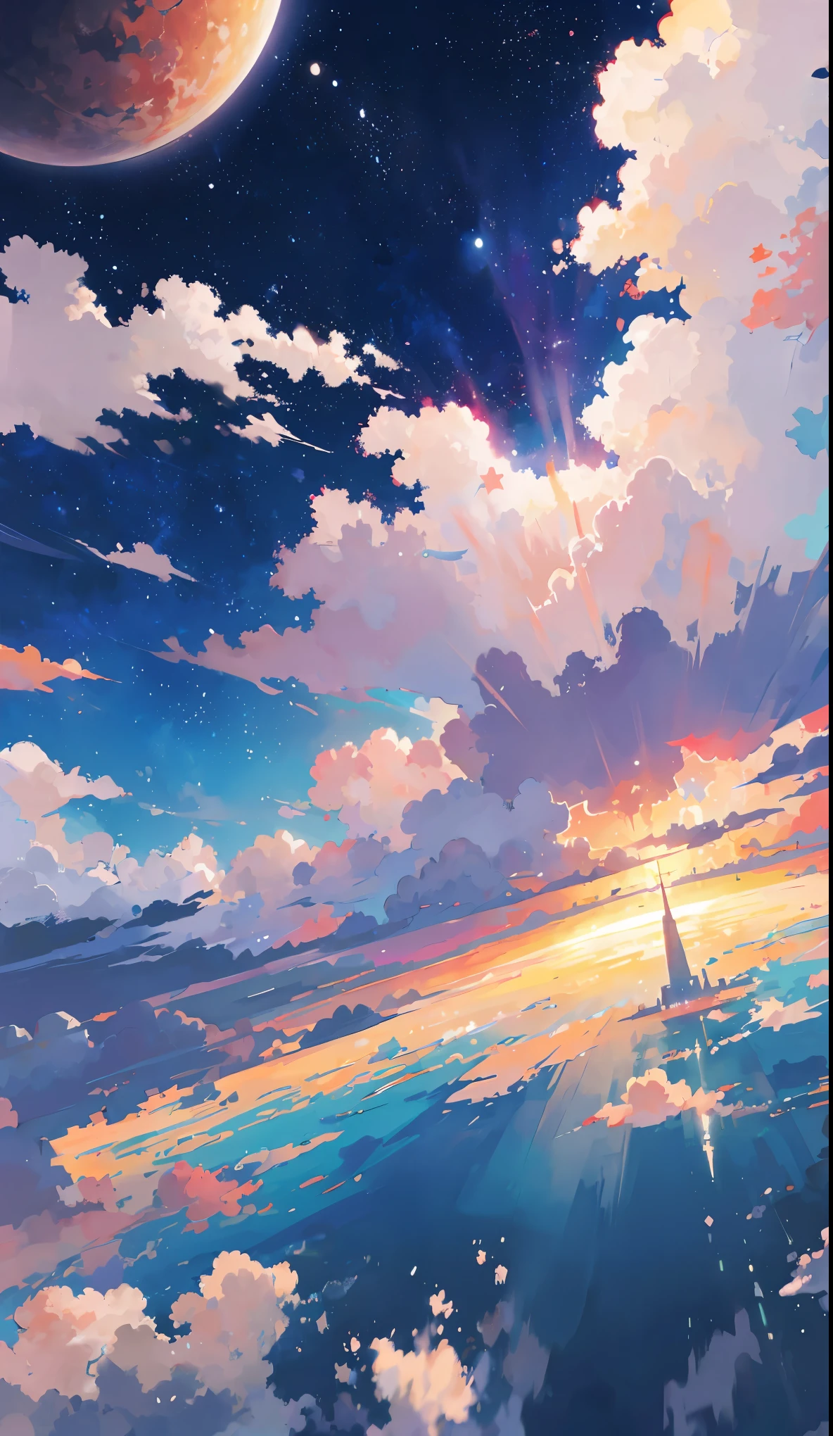 anime - style scene of a beautiful sky with a star and a planet, cosmic skies, Cityscape. by makoto shinkai, anime art wallpaper 4k, anime art wallpaper 4 k, anime art wallpaper 8 k, anime wallpaper 4k, anime wallpaper 4 k, 4k anime wallpaper, anime sky, amazing wallpaper, anime background, heaven planet in background, anime background art