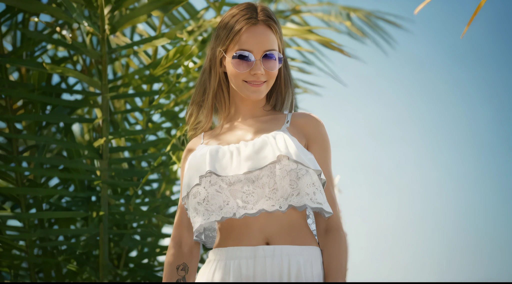 Blonde hair,(((cute))),(((Sweats on body))),((blue eyes)),(((deep navel))),hot,big cleavages,(big cleavage),(((deep belly button))),(((ultra realistic))),smiling, (((transprent sunglass)))