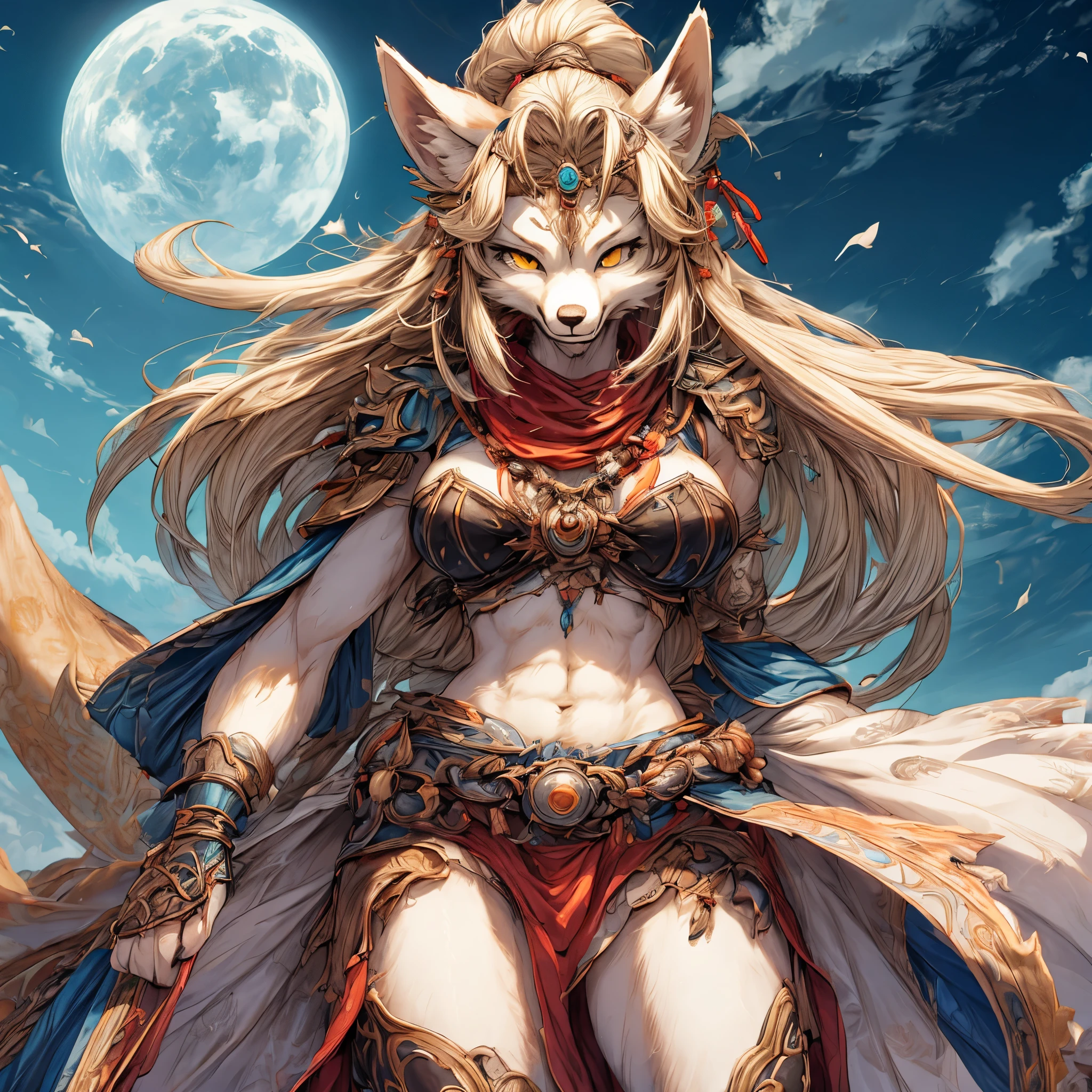 (best quality,4k,8k,highres,masterpiece:1.2),ultra-detailed, 1woman, anthropomorphic female wolf, furry, wolfgirl, fighter, monk, drawn in the style of Yoshitaka Amano, HDR, 8k, absurdres, cinestill 800, sharp focus, add_detail:2 (1woman, solo)