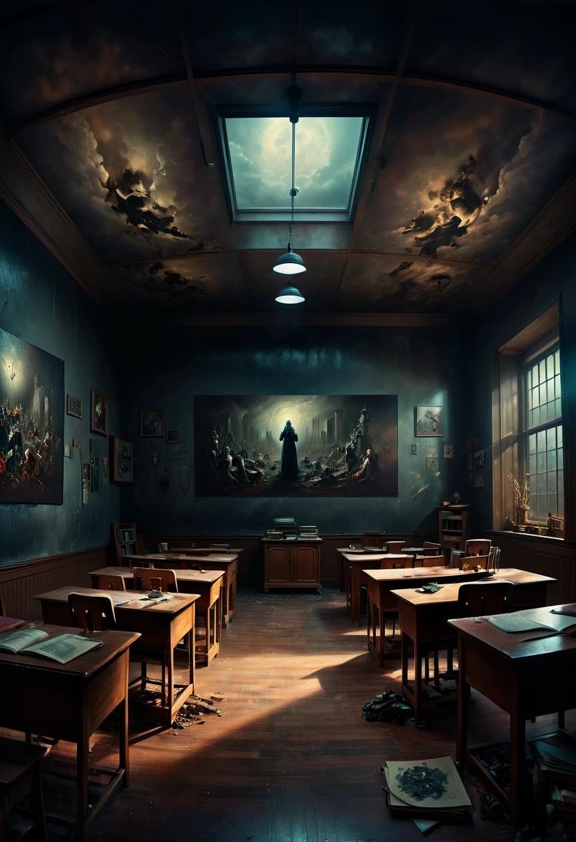 Eerie school, dark art, indoor, panoramic, Ultra high saturation, (best quality, masterpiece, Representative work, official art, Professional, 8k)