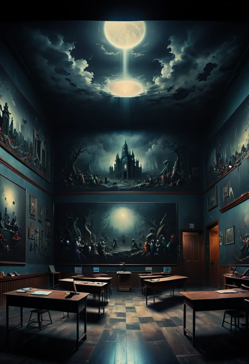 Eerie school, dark art, indoor room, panoramic, Ultra high saturation, (best quality, masterpiece, Representative work, official art, Professional, 8k)