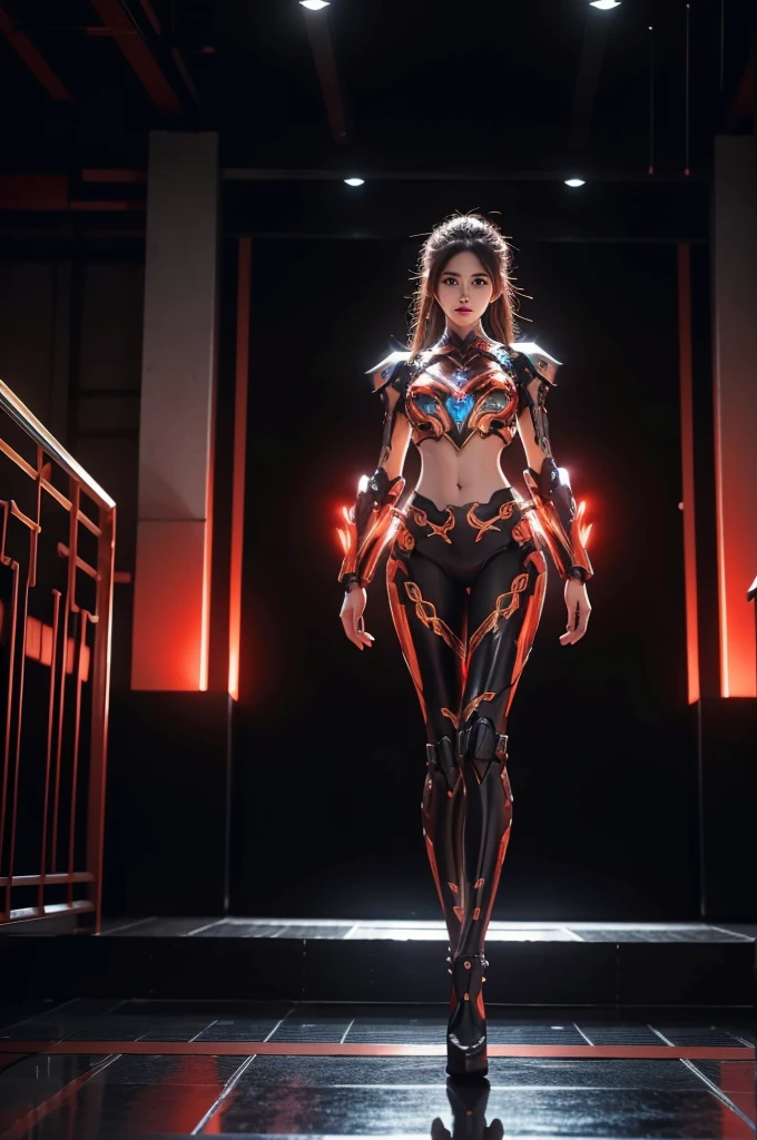 ((masterpiece, best quality)),illustration,ultra detailed 8k, beautiful, (detailed face), photorealistic,sharp focus,highly detailed,professional lighting,colorful details,iridescent colors BREAK extreme long shot of a factory,large mechanical robot construction,microchip,computer,glowing,intricate details,shitu-mecha,1girl is standing legs spread back turned in front of the audience,Navel
