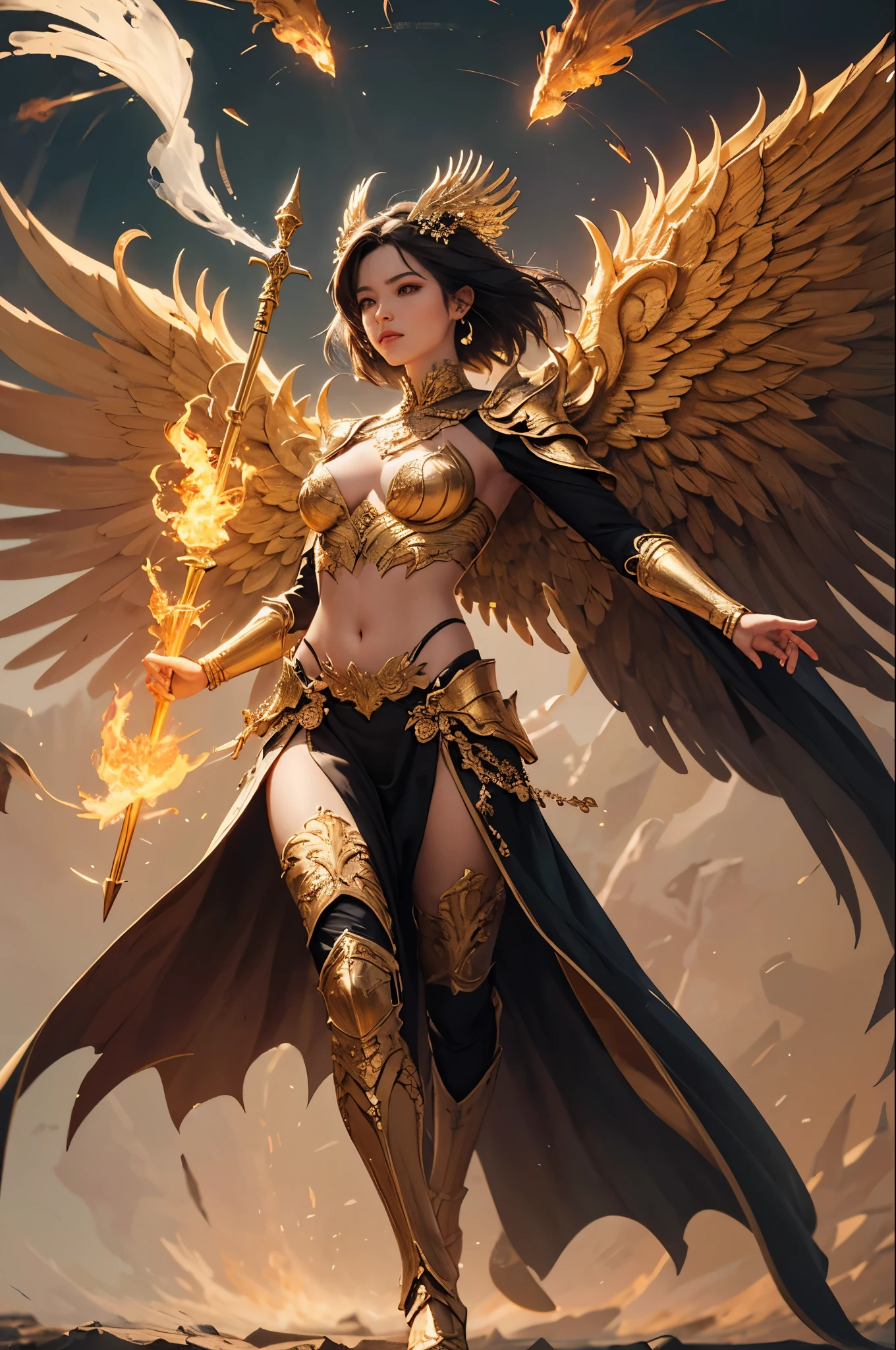Una mujer con un vestido con alas y una corona en la cabeza, con ardientes alas doradas de llamas, con ardientes alas doradas, full - body majestic angel, aparece como la diosa del fuego, fantasy art behance, Diosa de la ira, beautiful female angel, tall female angel, Diosa del Fuego, beautiful angel, Ganador del concurso CGSOCIETY!!!, Ganador del concurso CGSOCIETY!!
