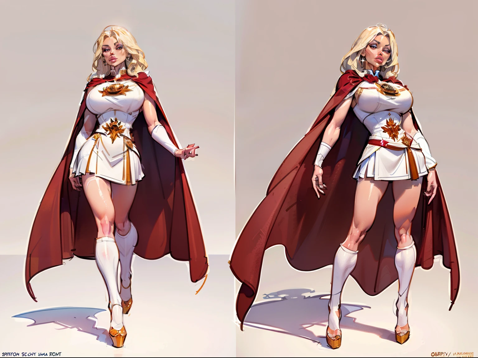 ((masterpiece)),(((best quality))),((character design sheet)), illustration,1woman, environment Scene change,  muscular, (white skin:1.4), white legs, thick legs, (royalty cape:1.5), scribbles and marks, fire, ((detailed face:1.1)), rough sketches, pose too, blonde and white color palette, 8k,16k, (simple background, light background: 1.3)